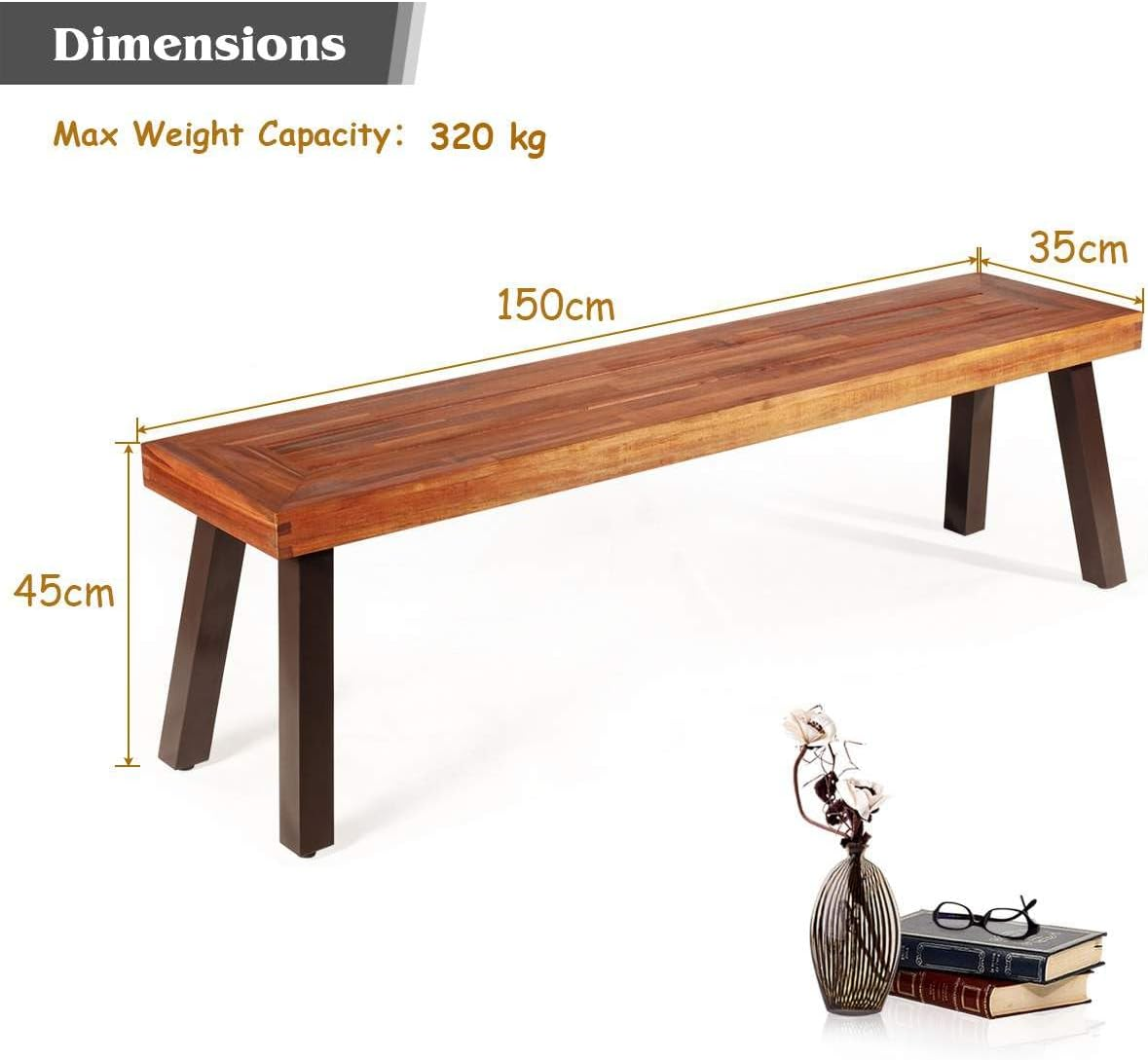 Costway Outdoor Acacia Wood Bench, Patio Dining Wood Bench with Rustic Steel Legs, Natural Bench Backless Dining Stool Seating for Garden Poolside Living Room Balcony, Red Brown (2) image number 3