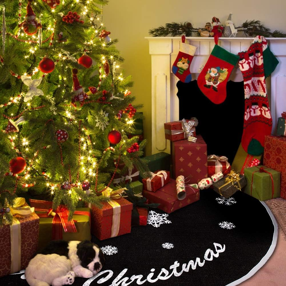 HOHOTIME Burlap Christmas Tree Skirt, 30 Inch Black Tree Skirt with White Snowflakes and Merry Christmas Words, for Xmas Holiday Home Decoration image number 3