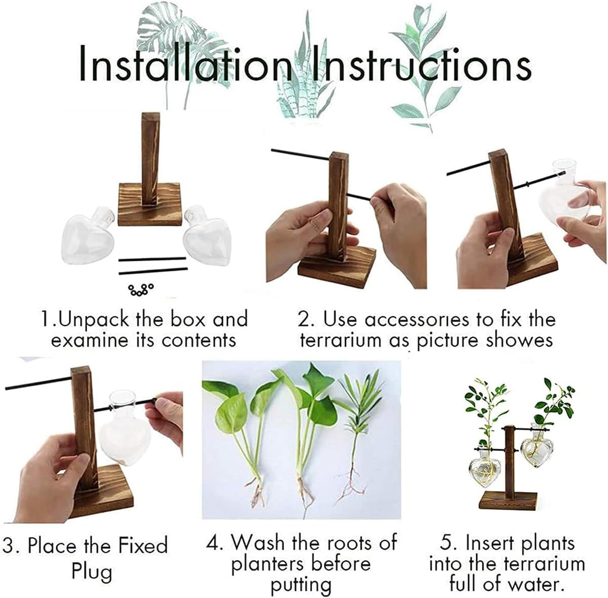 Plant Terrarium with Wooden Stand, Creative Double Heart Glass Hydroponic Vases, Modern Plant Propagation Station Desktop Planter Bulb Vase for Home Garden Office Decoration
