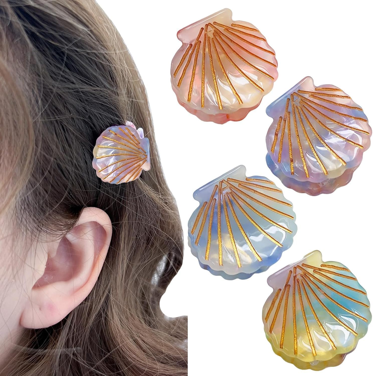4 Pcs Non Slip Hair Claw Clips for Women & Girls, Sea Shell Hair Accessories, Strong Hold Durable Clips for Beach Vacation Party, Lightweight Mermaid Barrettes (Mixed Colors) image number 3