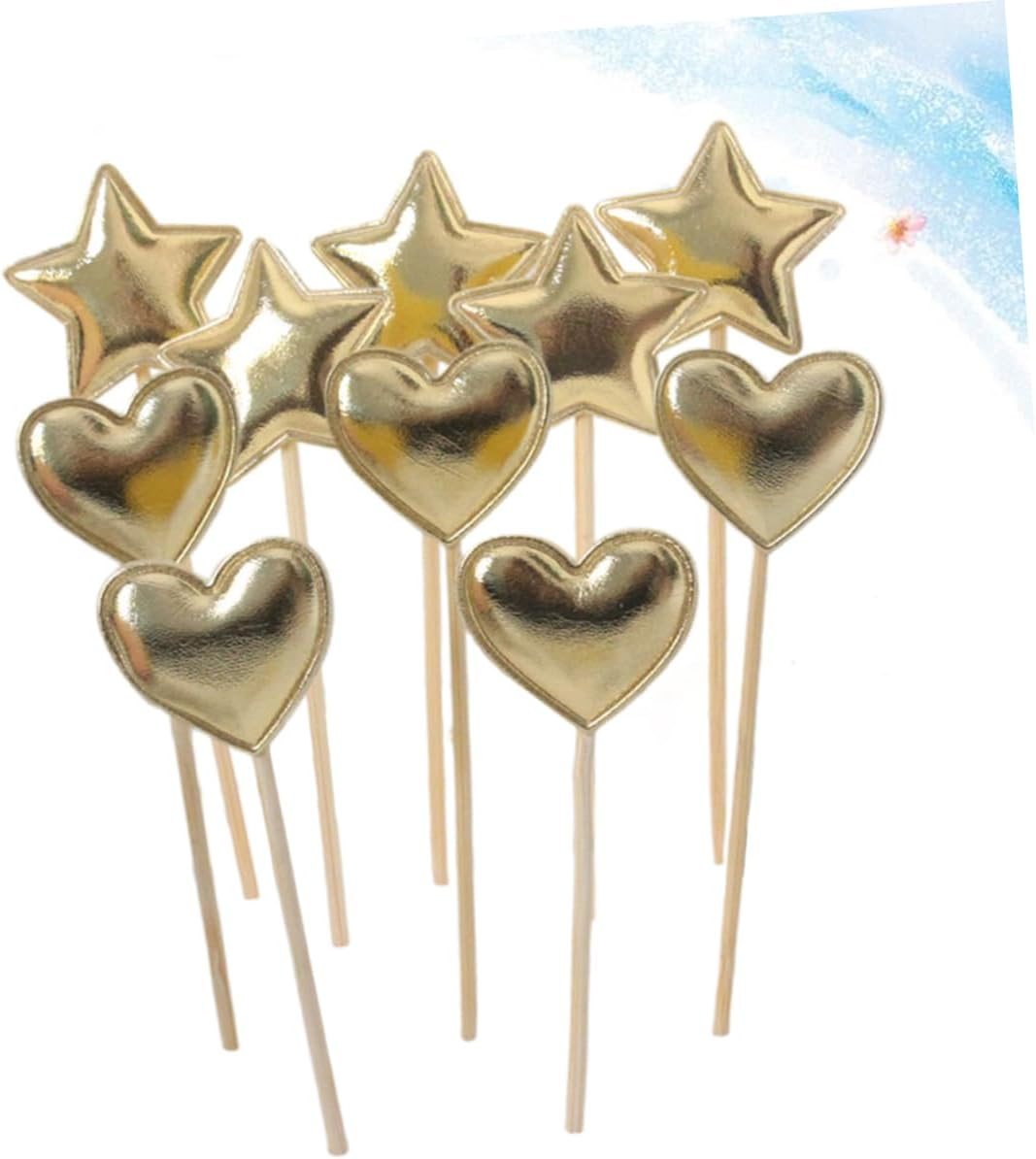 50Pcs Gold Heart and Five-Pointed Star Cake Picks for Party Dessert Toppers Wooden Cupcake Picks for Wedding Baby Shower Birthday Food Fruit Decoration image number 4