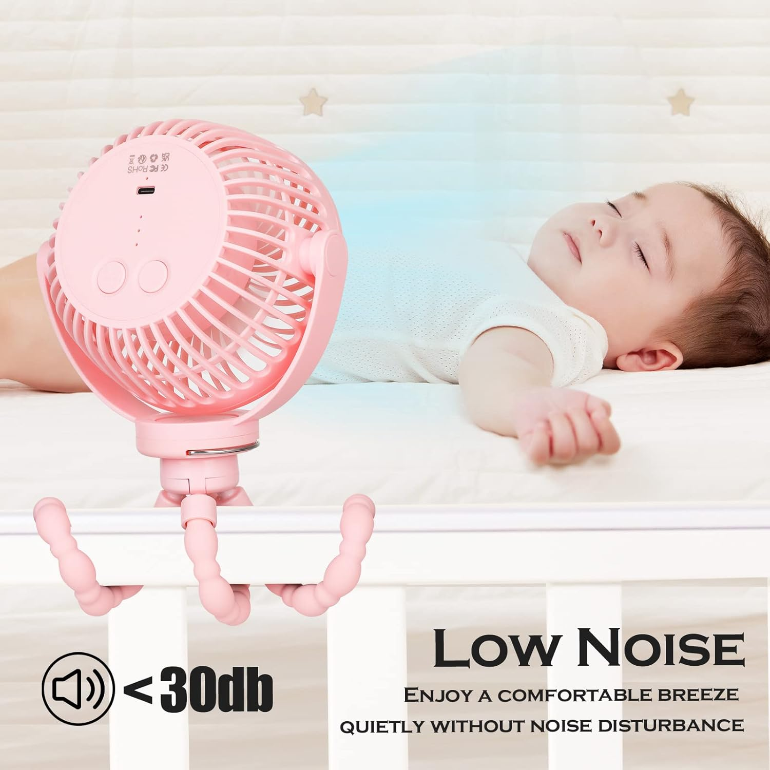 Hianjoo Stroller Fan with LED Light, 5200 Mah Desk Fan Silent Camping Fans with Hook 360&deg; Rotation Flexible Portable Rechargeable Electric Powerful Cooling Fan for Office/Camping/Car/Bbq/Gym, Pink image number 5