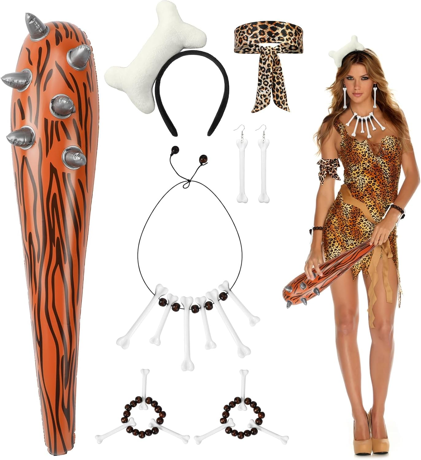 7 Caveman Costume Accessories - Adult & Kids Inflatable Club, Bone Headband, Necklace, Bracelet, Earrings, Leopard Armband - Caveman & Cavewoman Fancy Dress for Halloween & Carnival Party image number 6