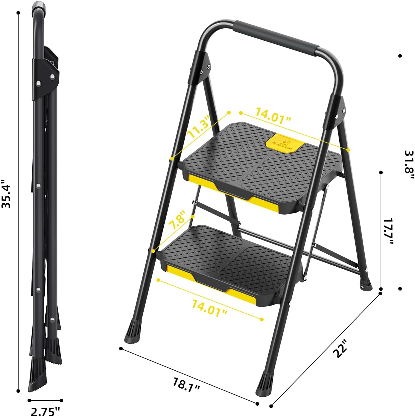 KINGRACK 2 Step Ladder, Sturdy Steel Folding Step Stool with Safe-Lock Design, Handrail, Anti-Slip Wide Pedals, Pass 150 KG Load Testing, Portable Stepladder for Multi-Purpose, Home, Kitchen, Black
