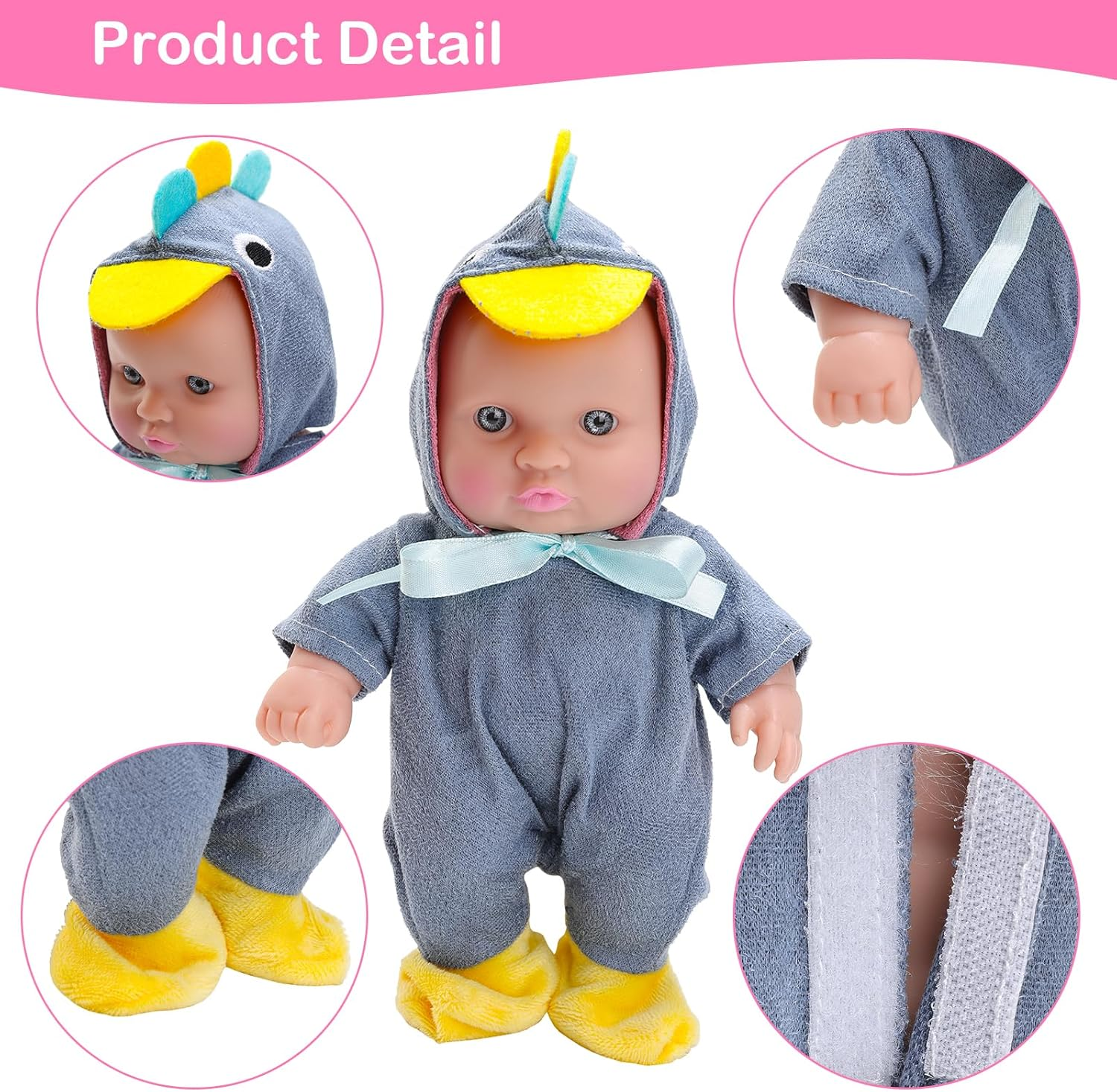 Barwa 8 Inch Baby Doll with Cute Animal Clothes Miniature Reborn Doll Lifelike Vinyl Washable PVC Material Tiny Movable Dolls Mini Toy Dolls for Toddlers (Dinosaur) image number 5