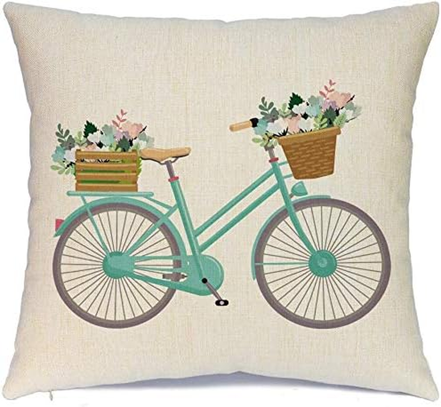 Spring Pillow Covers 18X18 Spring Decorations Set of 4 Decorative Pillow Cases Hello Spring Bicycle Butterfly Cotton Linen Holiday Throw Cushion Covers for Spring Season'S Home Farmhouse Decor image number 6