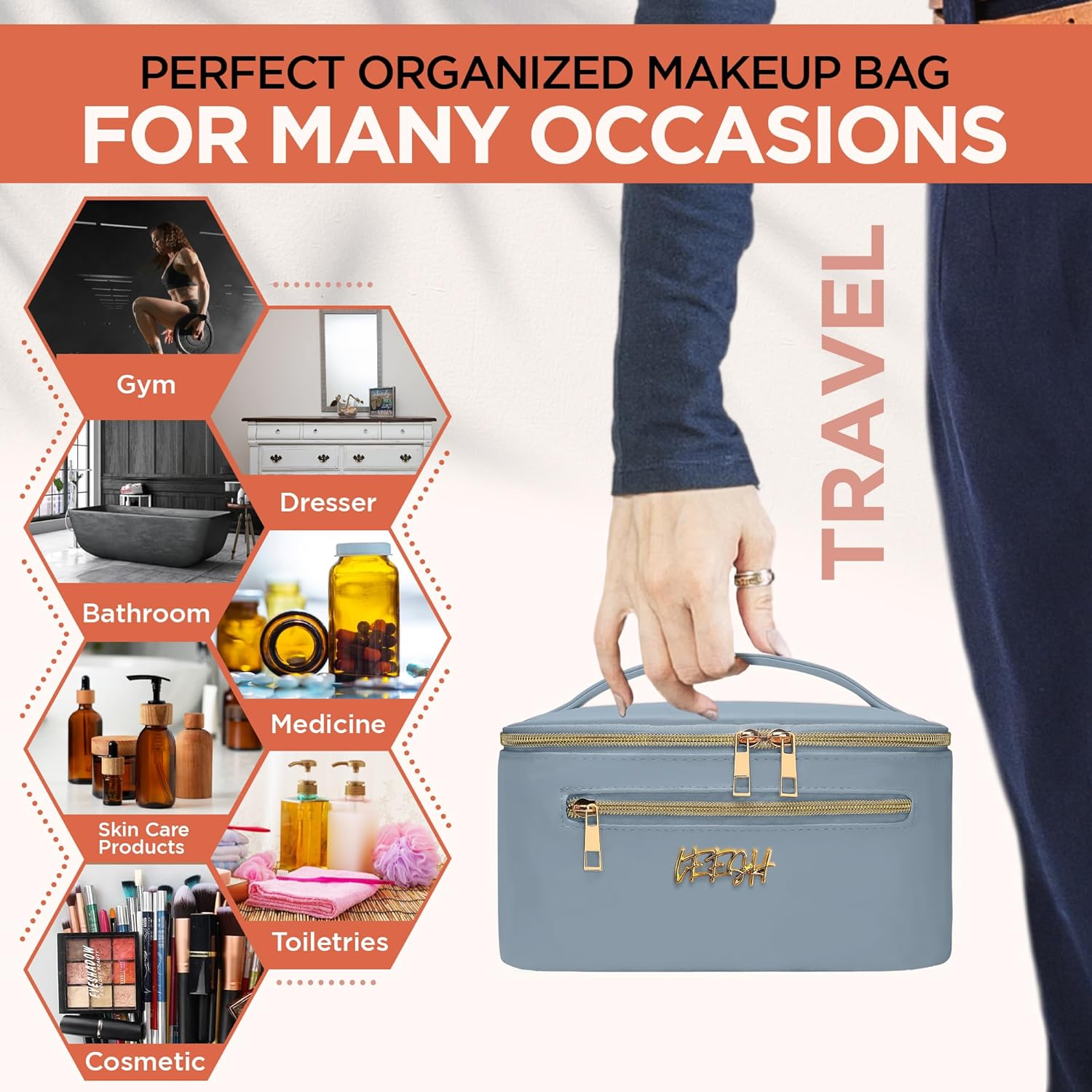 Leesh & CO Toiletry Bag -Travel Cosmetic Organizer with Brush Holders for Women -Eco-Friendly Vegan Leather, Waterproof & Durable-Perfect for Toiletries, Beauty Products,And Accessories-Light Blue image number 3