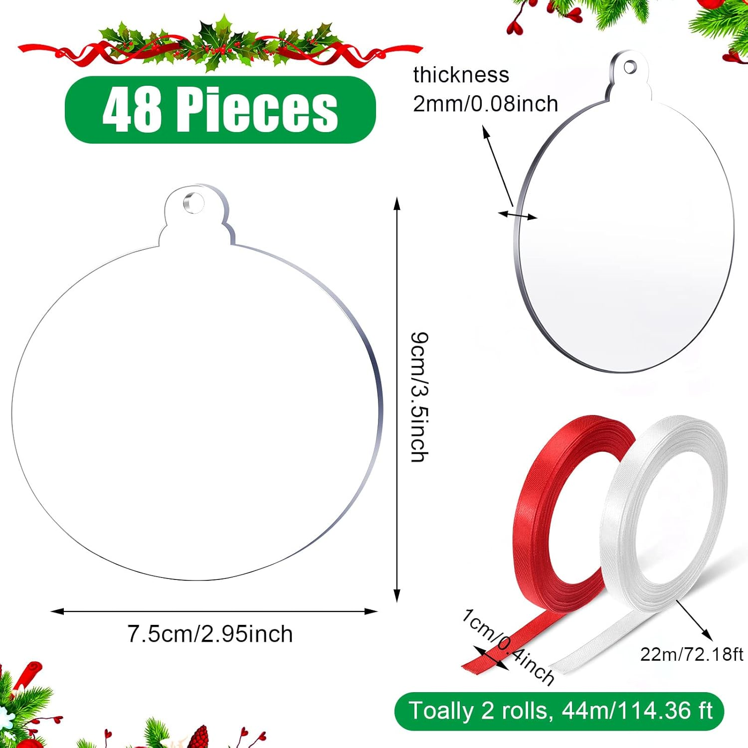 48 Pieces Clear round Acrylic Blanks Bulk Christmas Tree Ornament 3 Inch Acrylic Discs Ornament with Ribbons for DIY Craft Hanging Tag