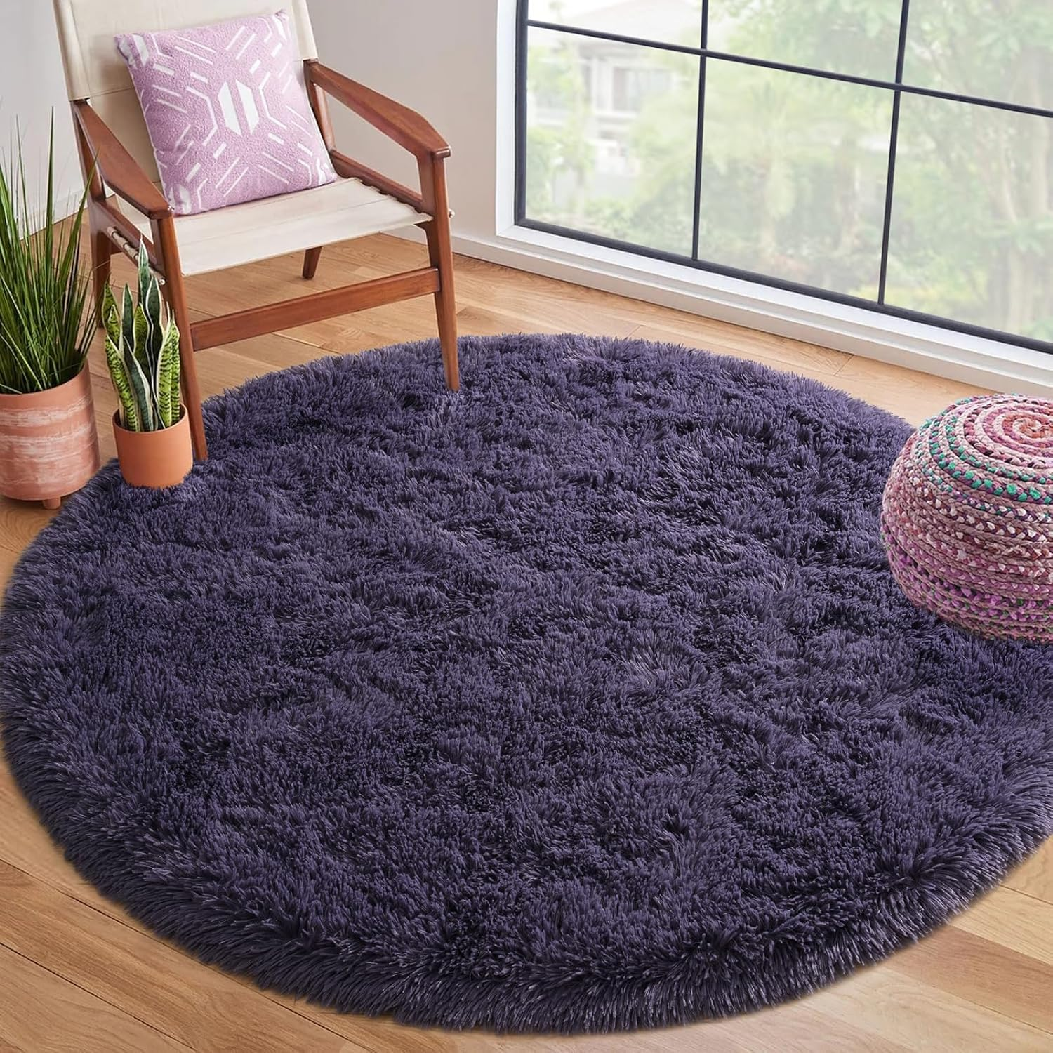 Terrug round Rugs for Living Room Bedroom, 5X5 Feet Modern Fluffy Shag Washable Area Rug, Non-Slip Cute Plush Circle Rug Carpet for Nursery Room Kids Boys Girls Dorm Home Decor, Pink