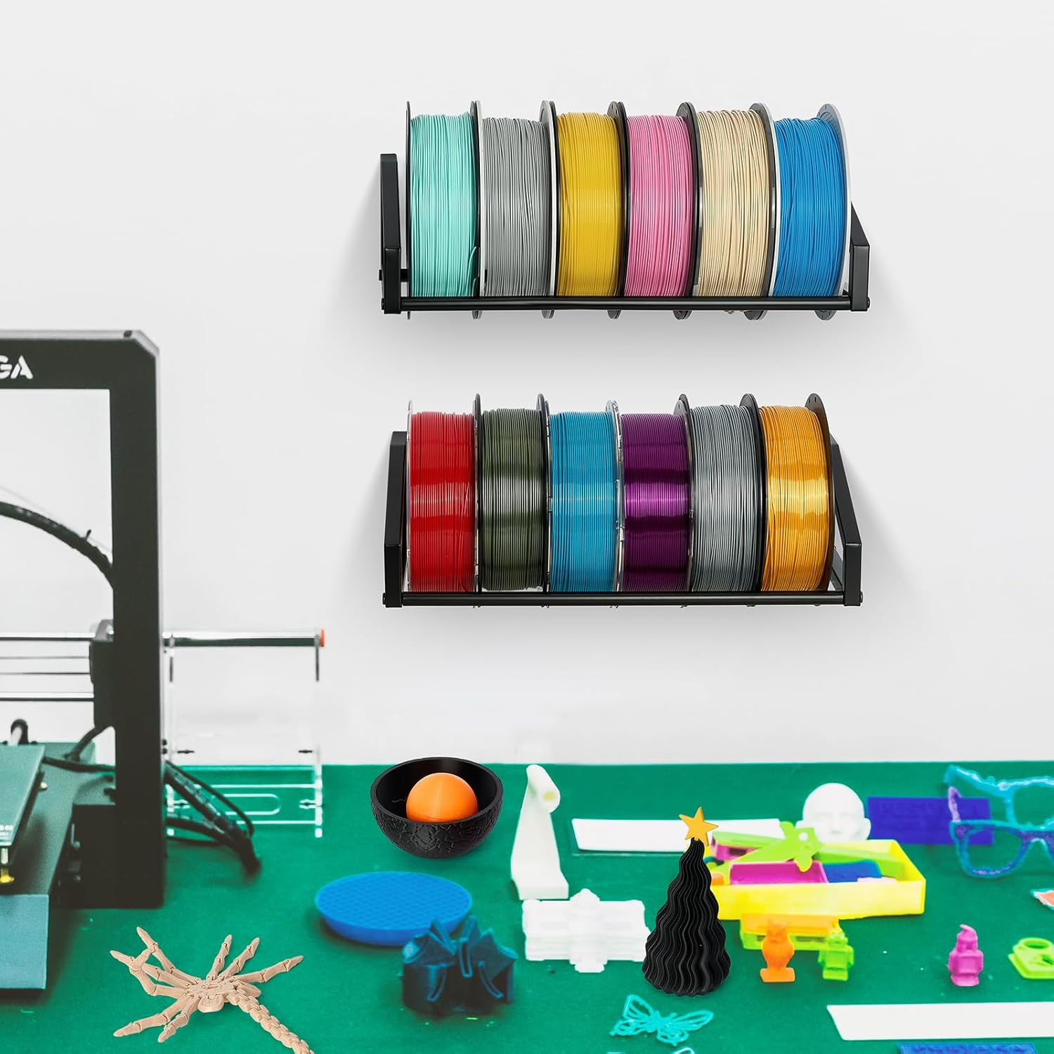 Filament Storage, 3D Printer Filament Storage Rack - Wall Mounted Heavy Duty Filament Spool Holder 2 Tier Metal Shelf Organizer for PLA, ABS, TPU, Nylon - Ideal for 3D Printing Workstation Home Office image number 4