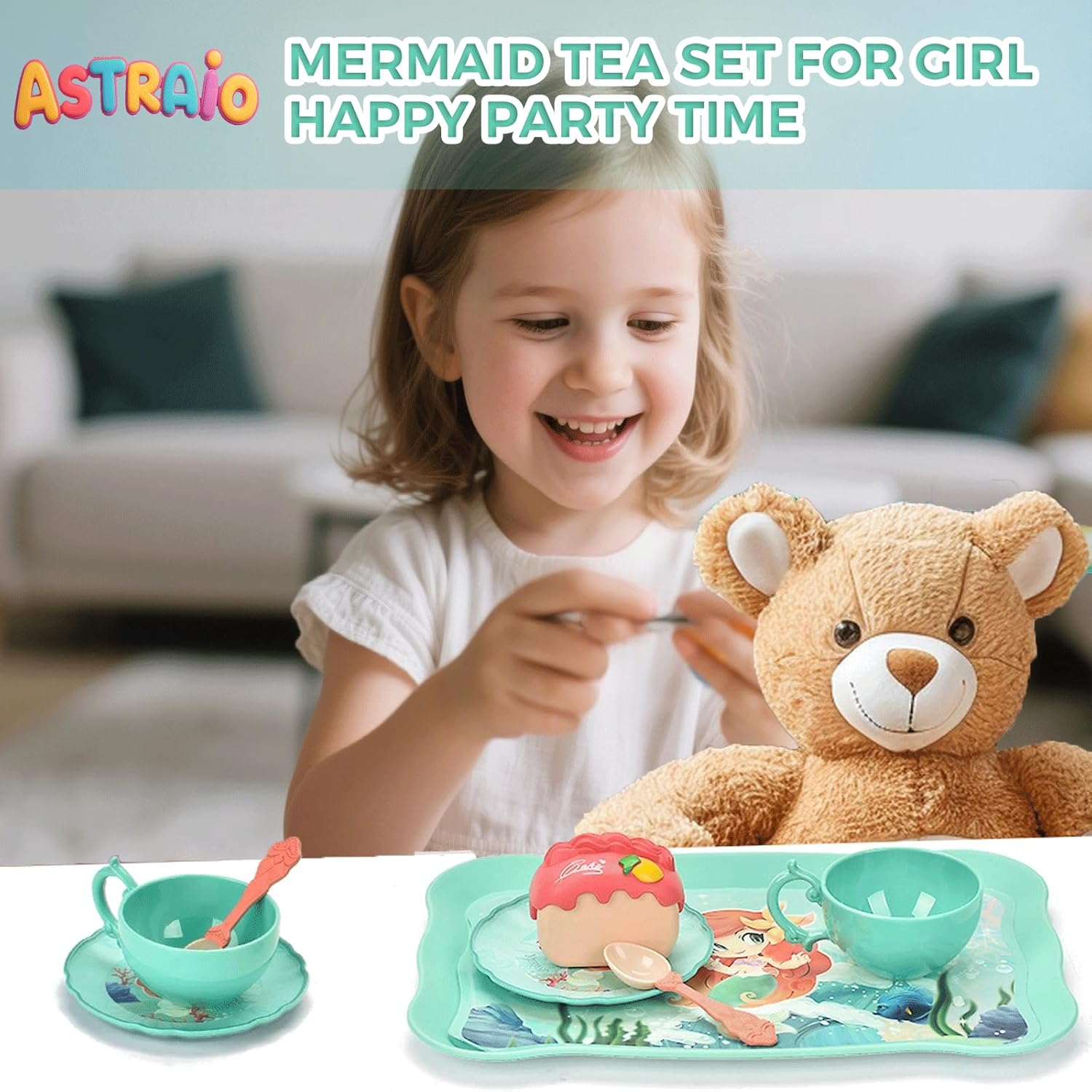Mermaid Tea Party Set for Little Girls, 44PCS Food Sweet Treats Playset for Princess Tea Time Play Kitchen Toys Birthday Gifts for Age 3 4 5 6 Year Old Girls,Pretend Tin Teapot, Cups, Plates image number 3