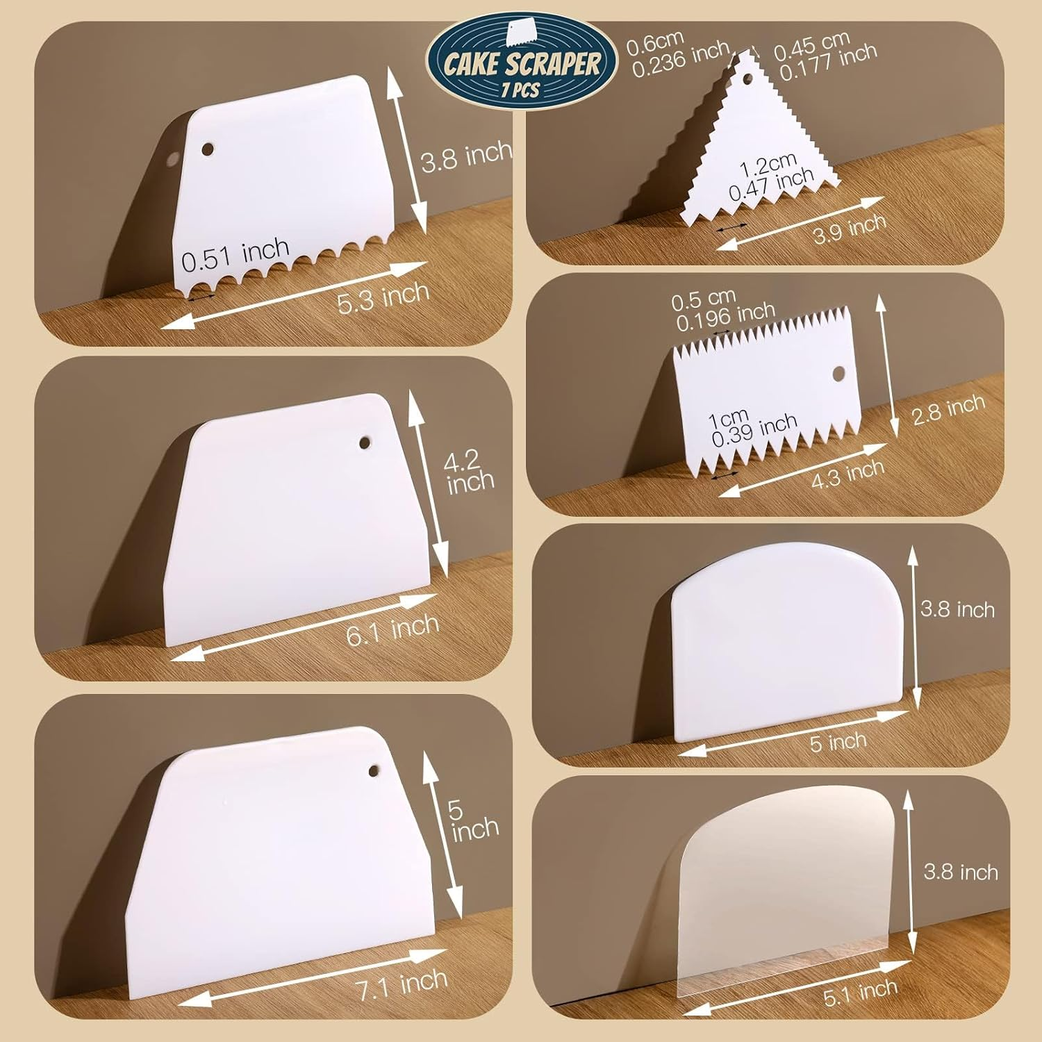 7 Pcs Cake Smoother Scraper, Dough Scraper Bowl Scraper Cutters, Cake Smoother, Cake Icing Scraper Smoother Tool Set for Bread Dough Cake Fondant Icing image number 3