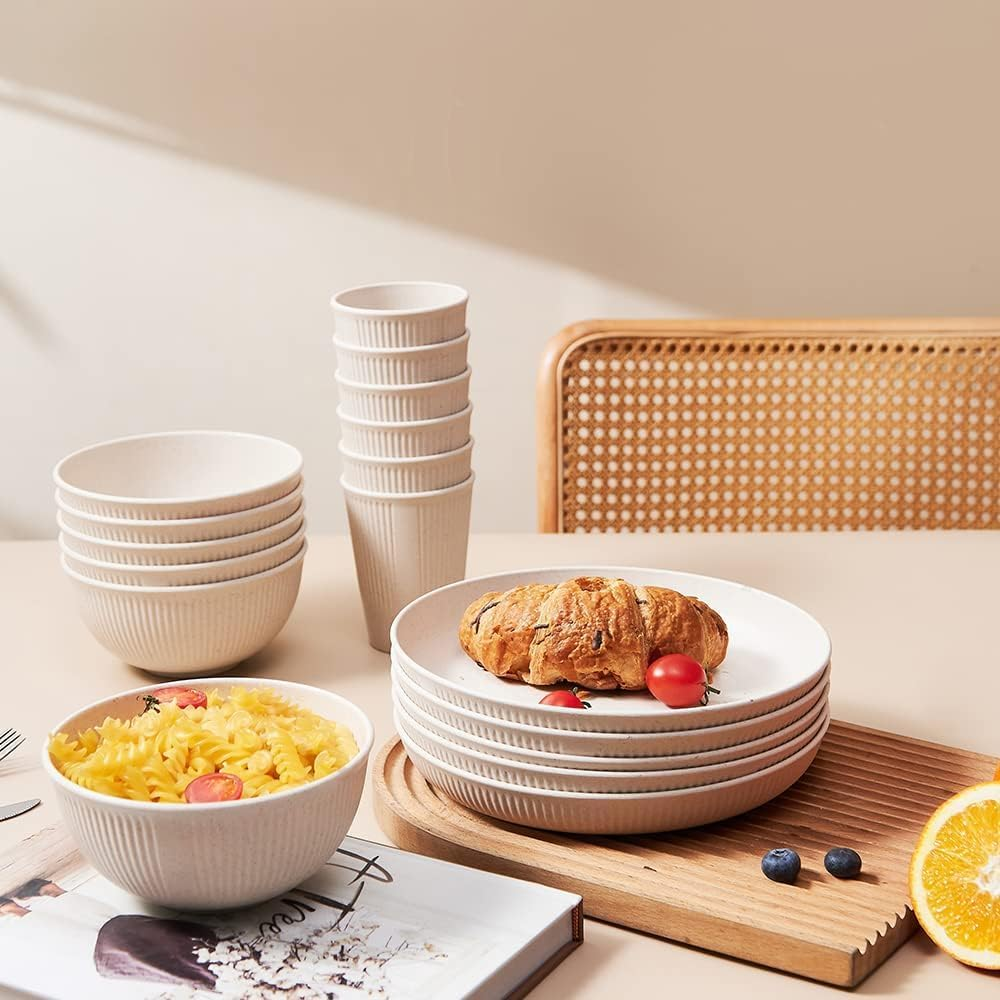 HOMIEST 18Pcs Wheat Straw Dinnerware Sets Unbreakable Reusable Dinnerware Set Kitchen Cups Plates and Bowls Sets Dishwasher Microwave Safe Plates image number 3