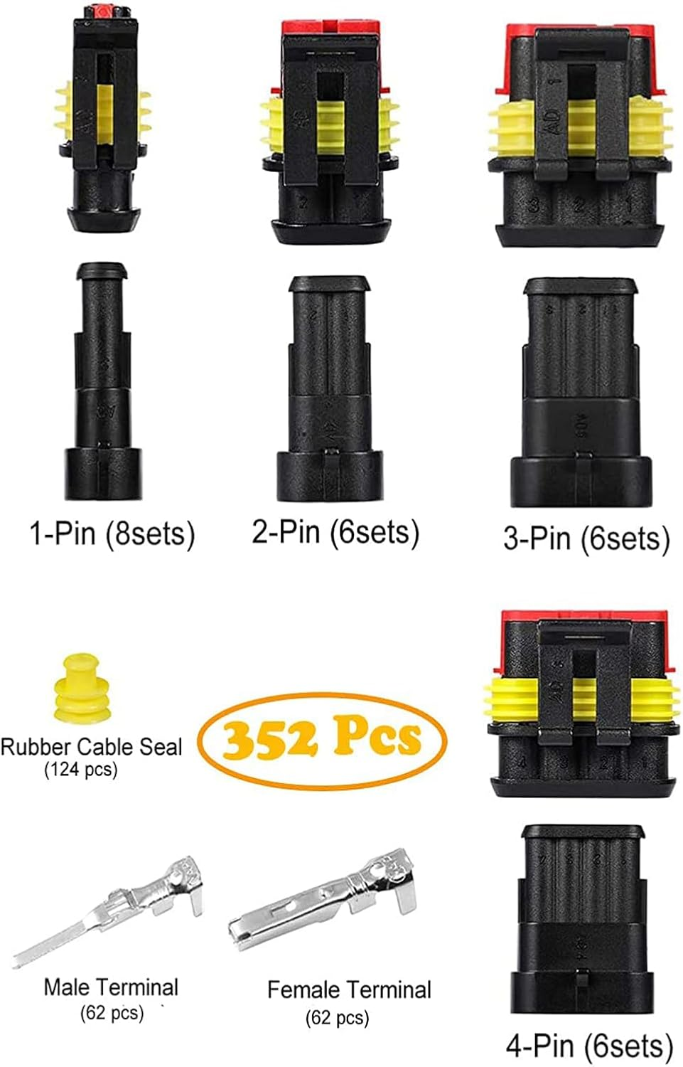 Waterproof Electrical Wire Connector, 352PCS Male and Female Wiring Connectors Kit, Electrical Connectors, for Electrical Connector 1/2/3/4 Pin Connector, for Vehicles & Marine image number 2
