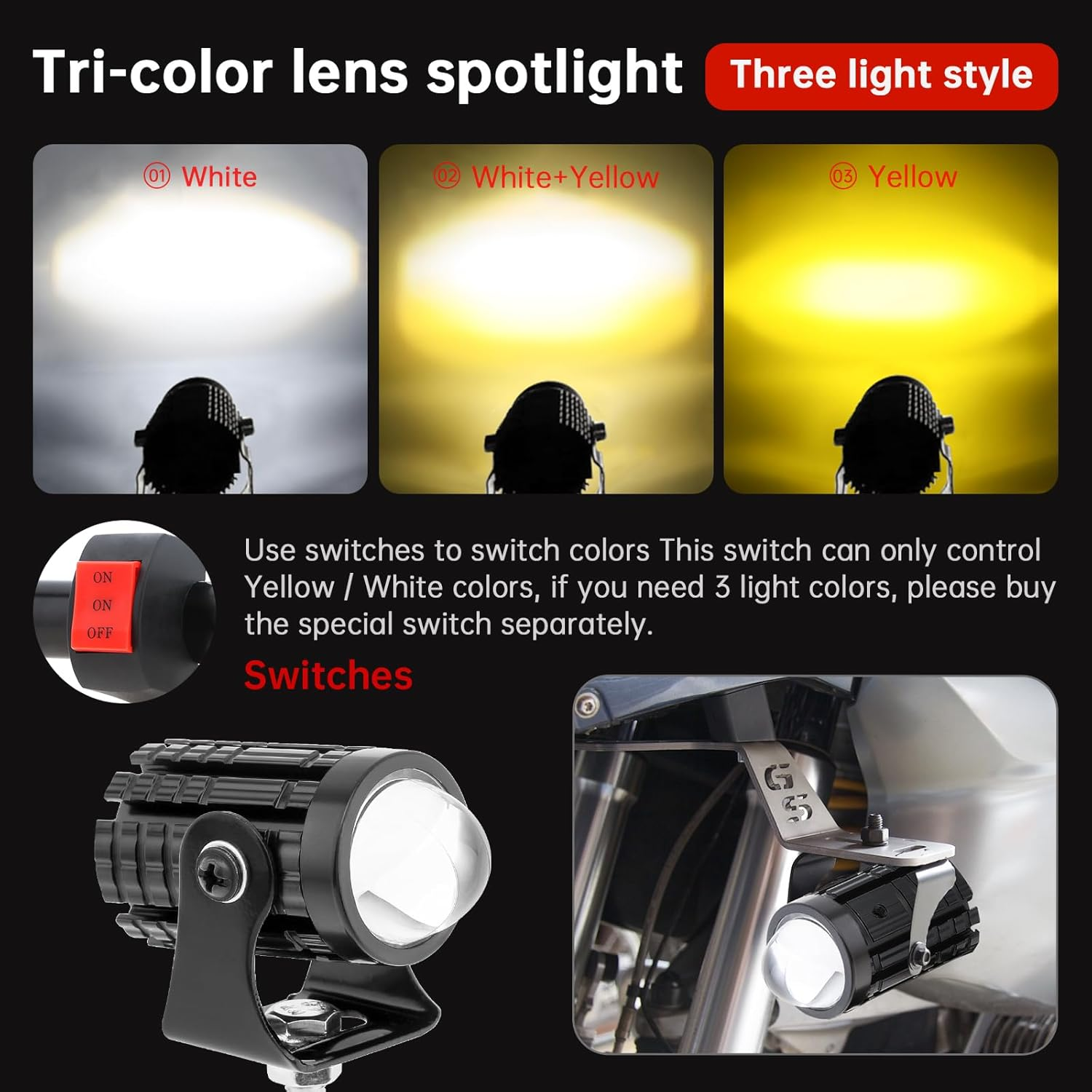 Windance 2Pcs 32W LED Motorcycle Headlight with Switch, Yellow White Dual Color Hi/Lo Beam for Motorcycle, 2400LM 3000K 6000K Crash Bar Front Fork Spotlight image number 3