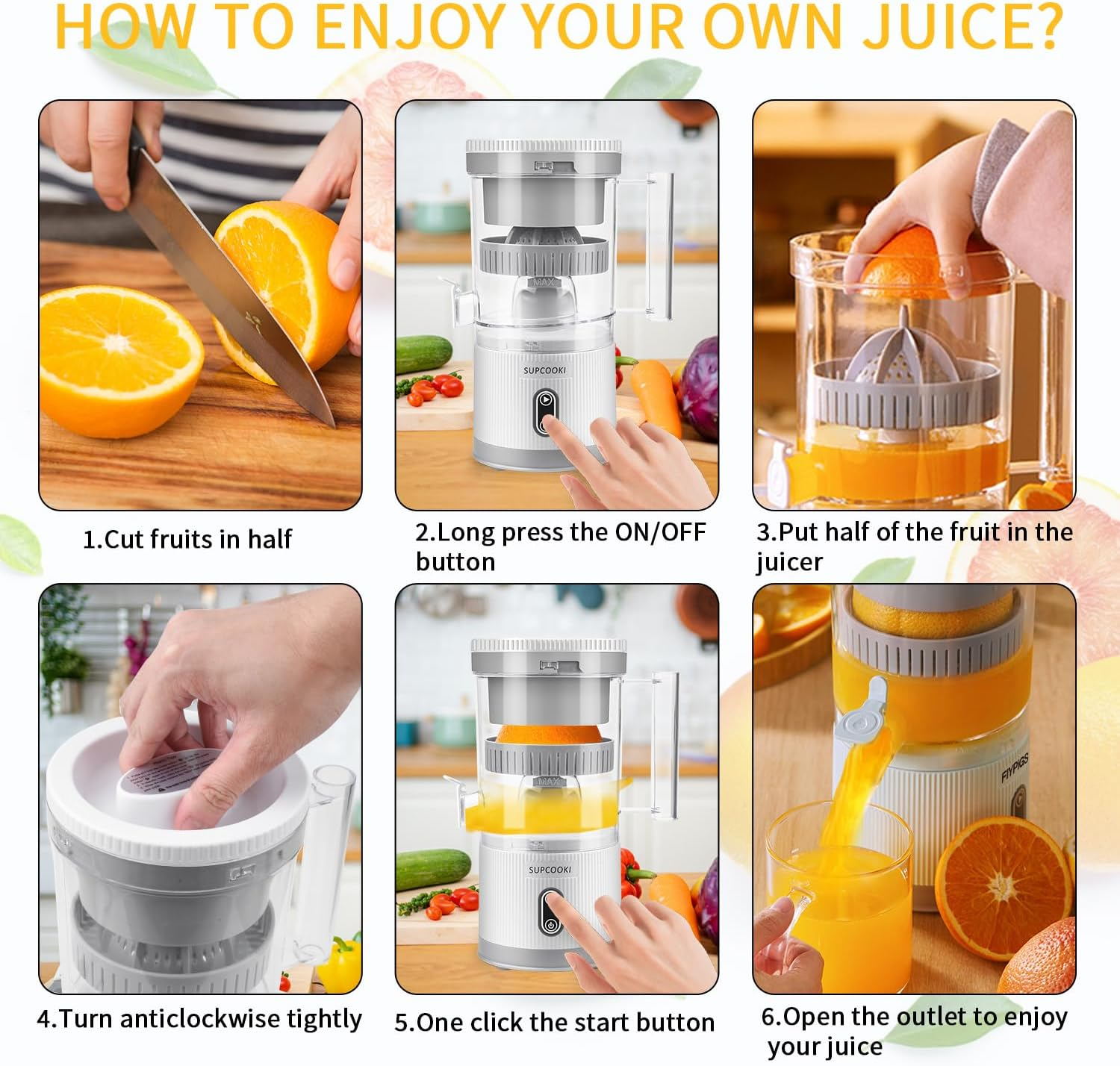 Electric Citrus Juicer, Rechargeable Juicer Machine with USB Cable and Cleaning Brush, Touch Button, Automatic Orange Lime Lemon Grapefruit Squeezer, Easy to Clean Portable Juicer, White