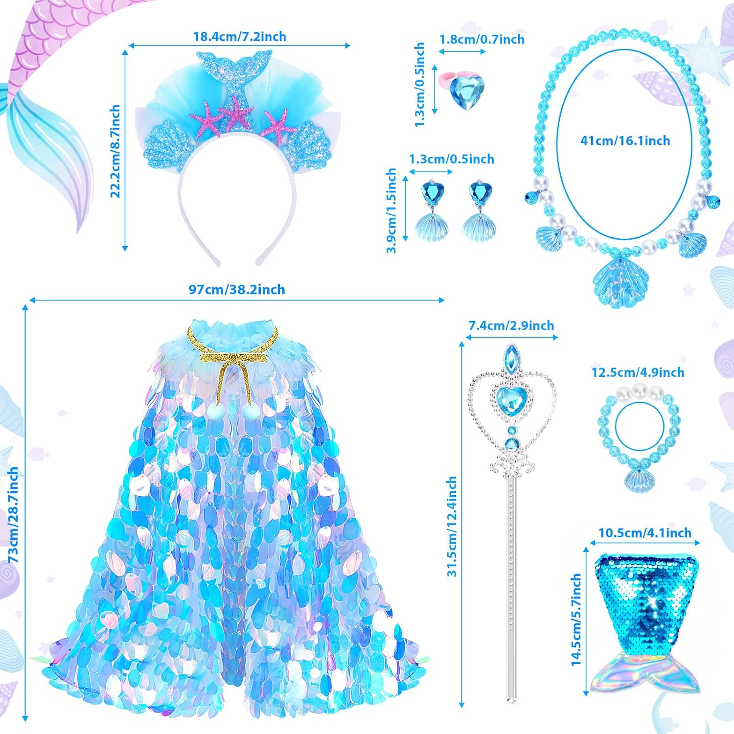 Princess Dress up Toys Princess Dress up Clothes Rainbow Mermaid Cape Kit 9 Pcs Gift Set for Little Girls 3-8 Years Old (Blue) - 11 - Cloak Rainbow Purple image number 5