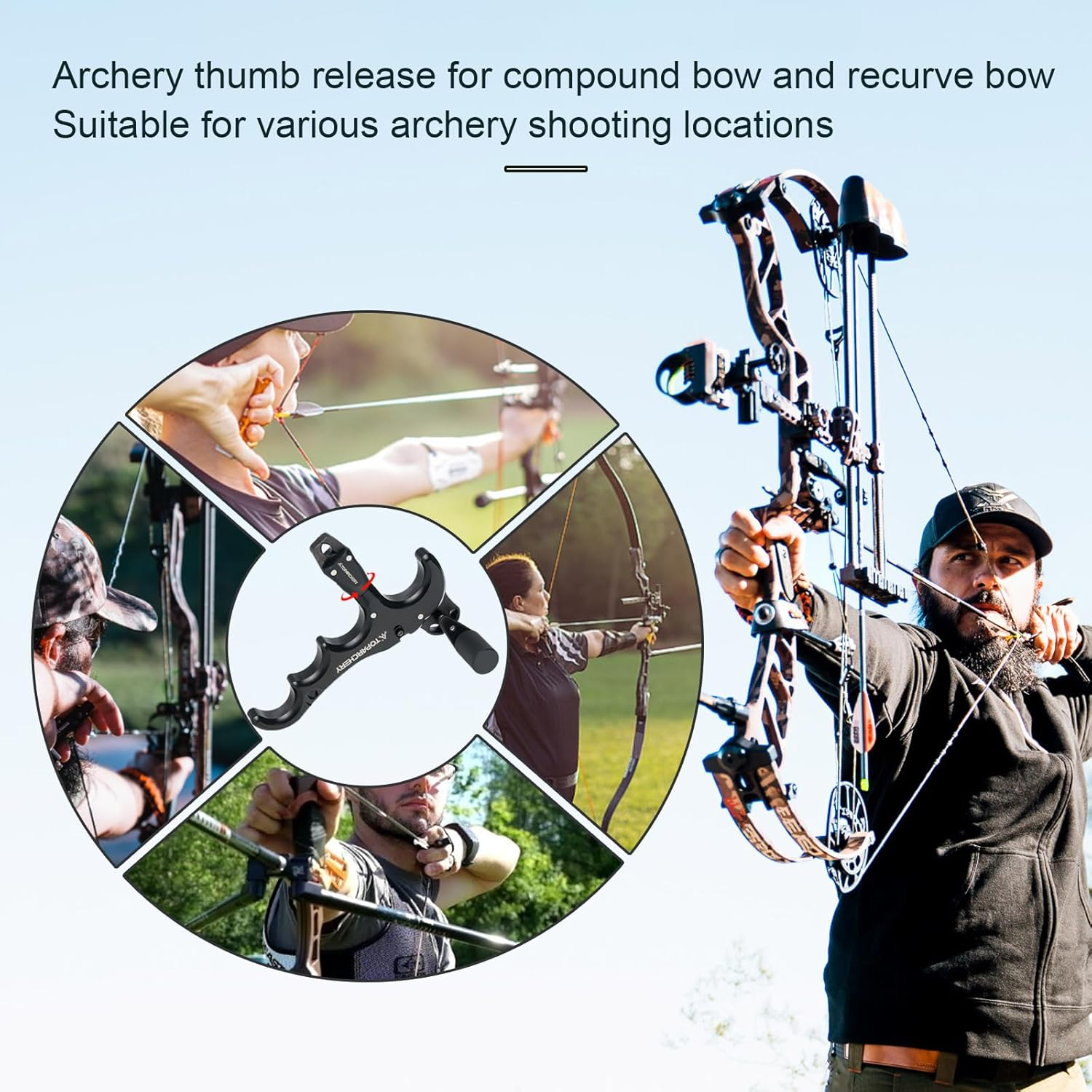 TOPARCHERY Compound Bow Release Archery Release Aids Thumb Release 360&deg;Rotating Bow Release, 4 Finger Bow Release, Aluminum, Compound Bow Accessories image number 5