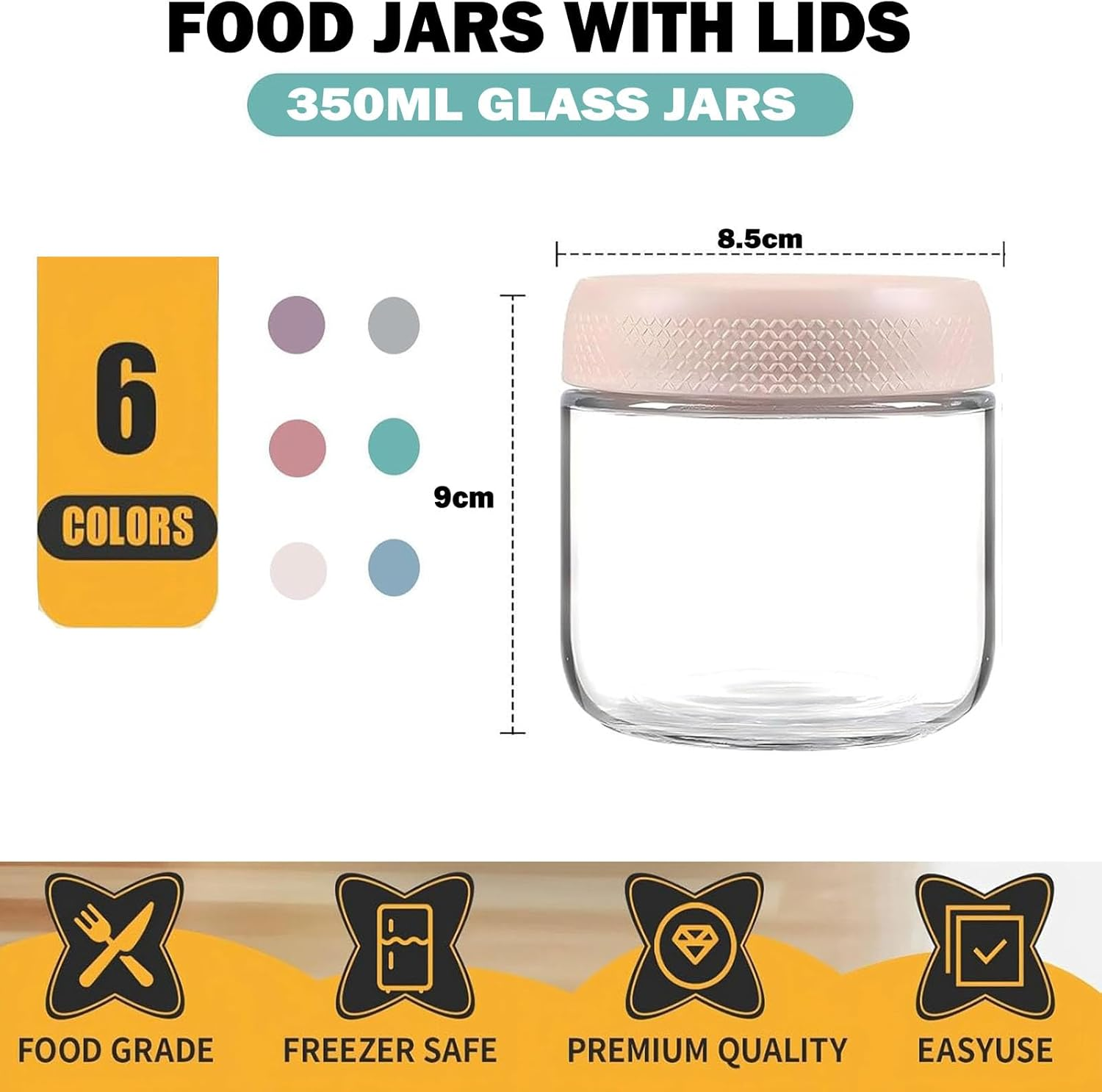 Set of 6 (350Ml)，Overnight Oats Containers with Lids, Glass Jars with Airtight Lids, Wide Mouth Mason Jars, Food Storage Containers, image number 4