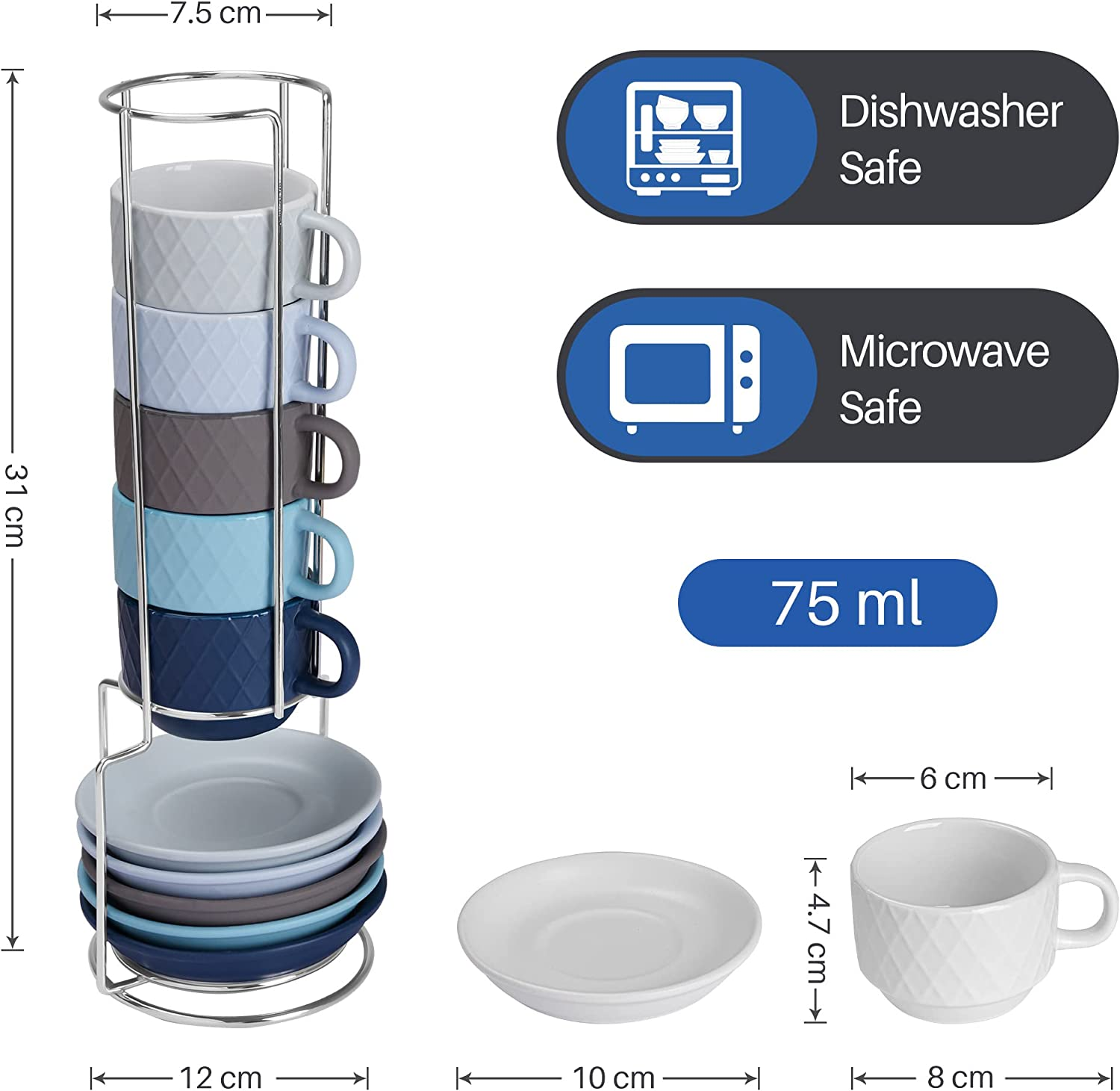 MIAMIO - 6 X 75 Ml Stoneware Espresso Mug, Cup Set Modern with Stand and Saucers - Palmanova Collection (Ocean Blue) image number 6