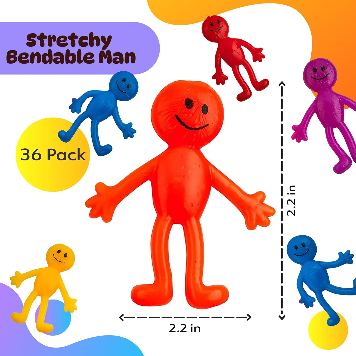 Stretchy Smiley Man (36 Pack) Assorted Fun Colors, a Sticky, Bendable, Stretchable, Slimy, Gooey Texture, Fidget Toy for Stress and Anxiety Relief, Great Party Favor