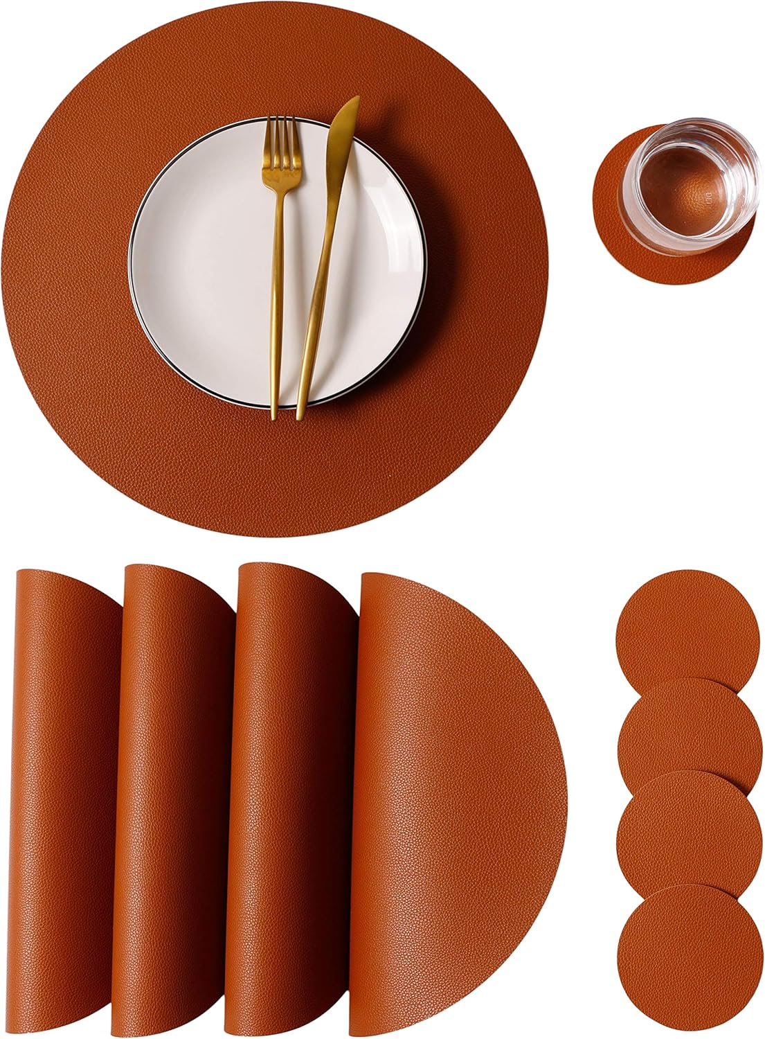 Wipeable Placemats and Coasters Leather Table Mats Waterproof Heat-Resistant Easy to Clean for Dining Table Set Kitchen Table Set of 6, Buff