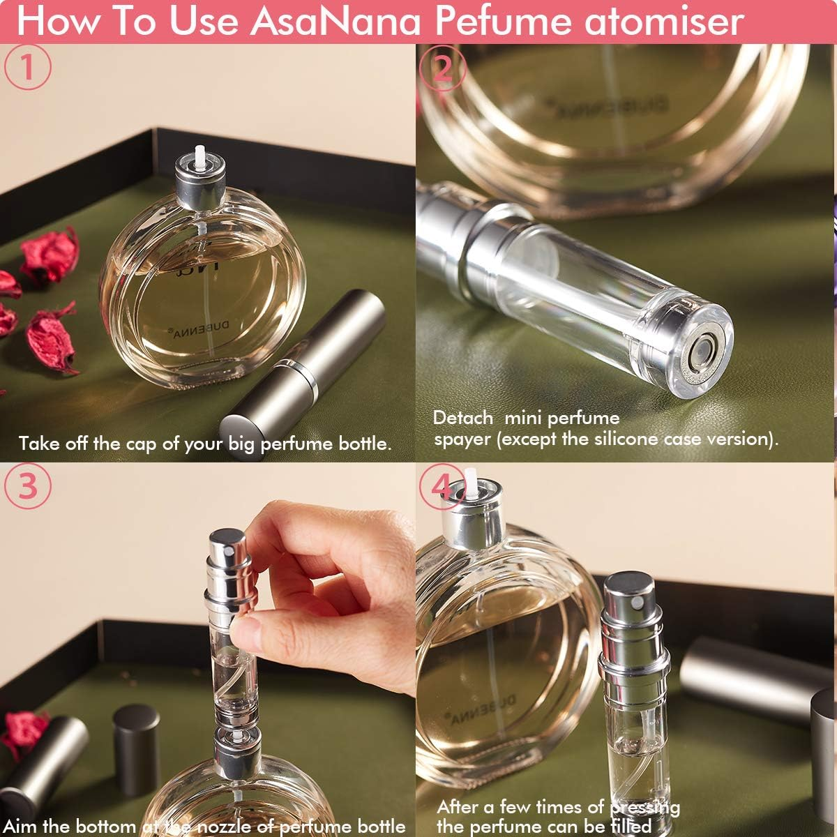 SIXTMOON Asanana Perfume Atomizer, Refillable & Travel Size Perfume Bottle, Leaking Proof,Bottom Pump without Funnel, Luxurious Small Women and Men, 5 Ml (Silver)