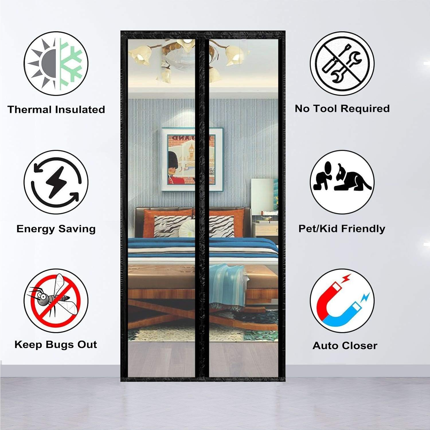 Transparent Insulated Door Curtain-Magnetic Thermal Door Cover, Screen Door Self-Closing Privacy Screen Door Hands Free for Patio, Kitchen, Bedroom, Air Conditioner Room, Fits Doors up to 36" X 82" image number 3