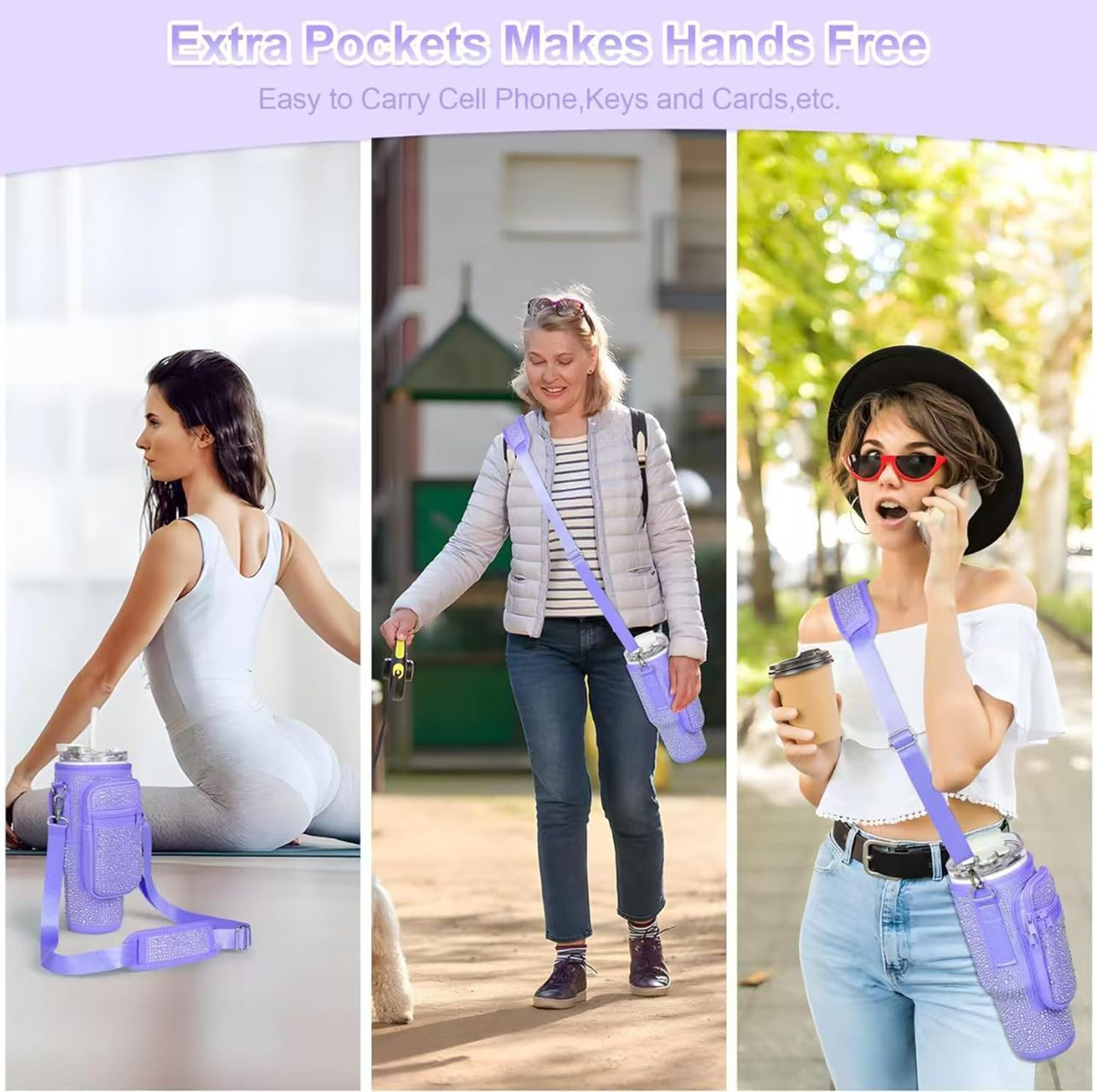 Bling Water Bottle Carrier Bag with Phone Pocket for Stanley Cup 40 Oz, Neoprene Water Bottle Holder Pouch with Adjustable Strap for Stanley Cup Accessories (Black) image number 3