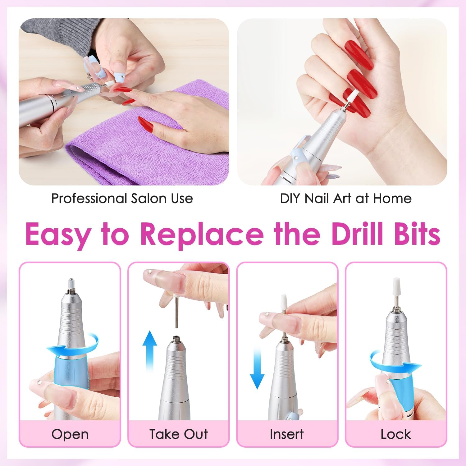 AUTOWT Portable Electric Nail Drill Professional with LED Display, Rechargeable 45000RPM Electric Nail File with 11 Nail Drill Bits, Low Noise, Low Vibration for Manicure Pedicure Salon Home (Pink) image number 1