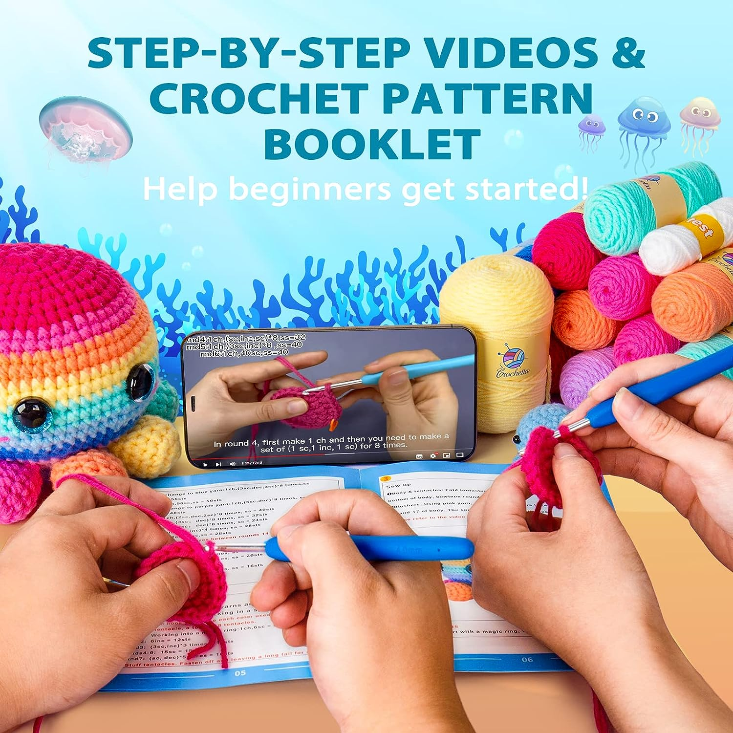 Crochetta Crochet Kit for Beginners, Crochet Kit Step-By-Step Video Tutorials, Crochet Starter Kit Learn to Crochet Kits for Adults Kids Beginners, Jumbo 3 Colorful Octopus Familly (40%+ Yarn Content) - Clear image number 5