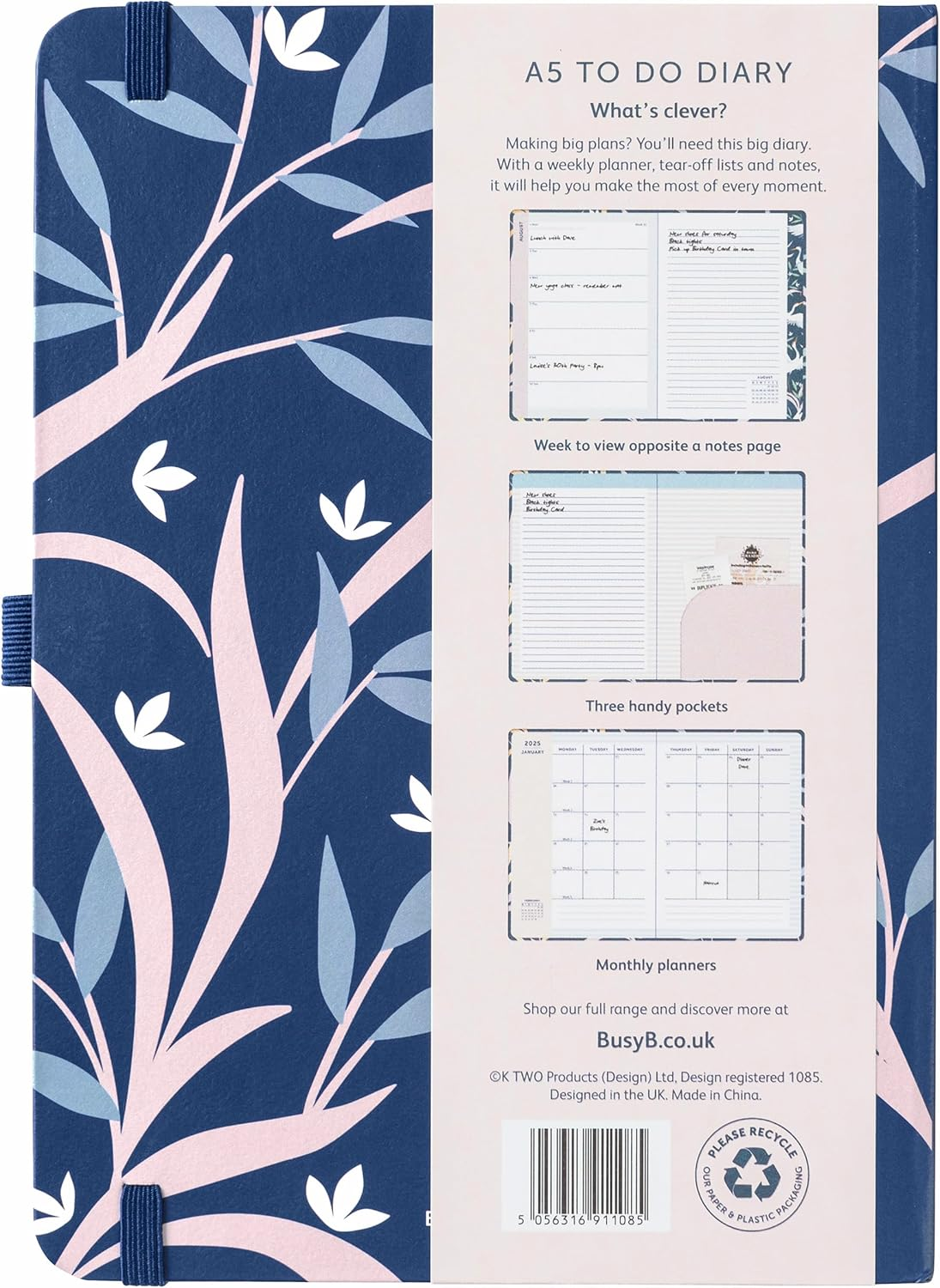 Busy B 2025 Diary - A5 Weekly Planner with To-Do Lists & Notes Pages &ndash; Work, School, Office Navy Floral Journal - Week-To-View Layout, 3 Pockets & Year Planner