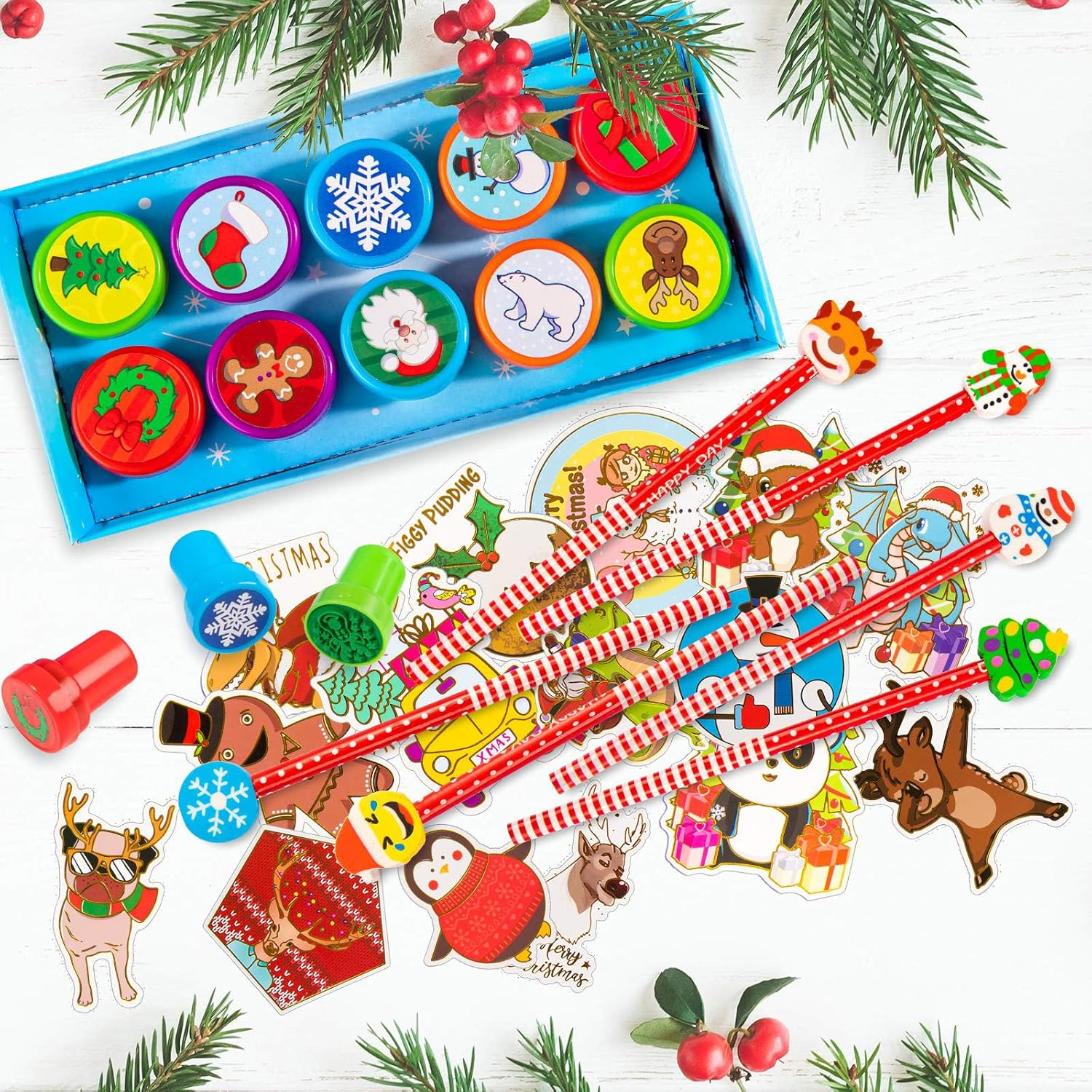 Whaline Christmas Stationery Collection 140 Set 40 Christmas Pencils with Eraser, 20 Christmas Stampers, 60 Xmas Stickers 52 Designs 20 Pencil Sharpeners Gift Party Favors Prize School Supplies image number 6