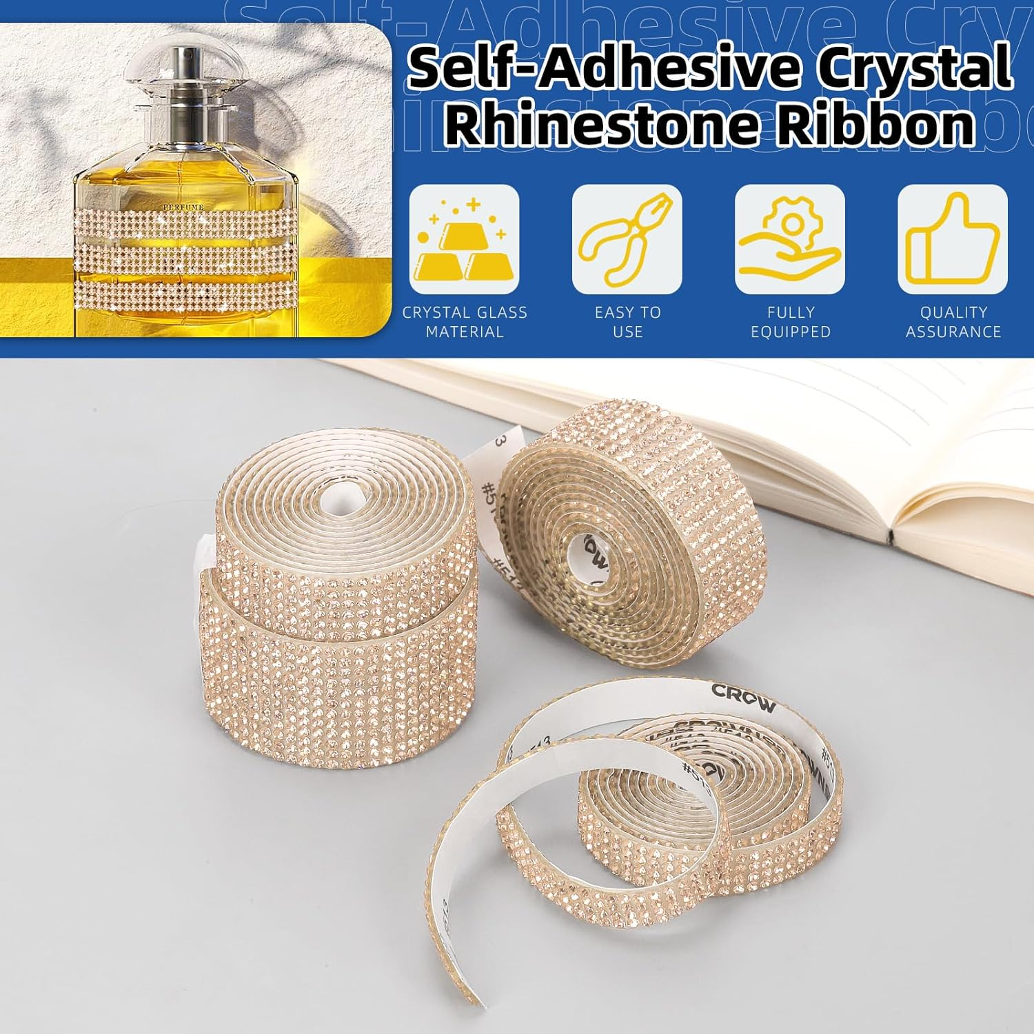 Glarks 4 Rolls 364CM Self-Adhesive Crystal Rhinestone Ribbon, 4/6/8/12 Rows Champagne Color Wrap Glittering Rhinestones Sticker, Diamond Rhinestone Ribbon Roll Stickers for Decoration Car DIY Crafts - Black image number 3