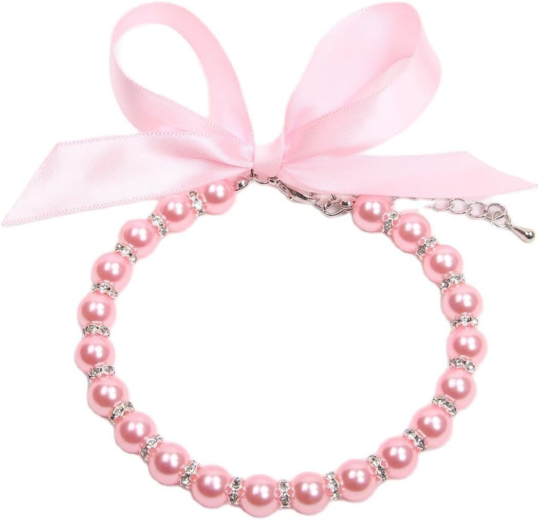 Dog Cat Pearls Collar with Bling Accessories and Ribbon Bow Pet Puppy for Dogs Cats (Pink, M（25-30Cm）) image number 4