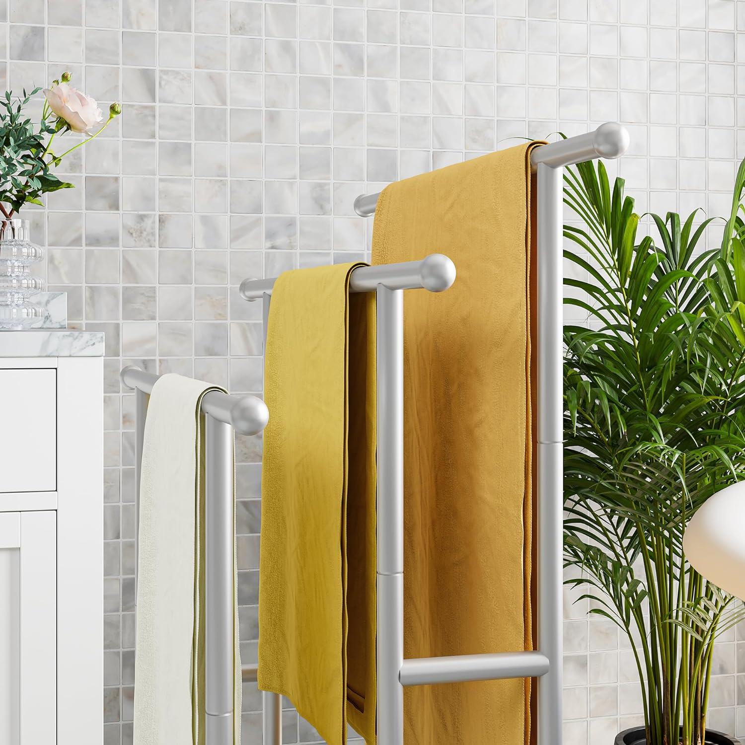 Tall Free Standing Towel Racks for Bathroom Towel Rack Stand with Storage Basket,3 Tiers Floor Bath Towel Holder,Anti-Rust Chrome Ladder Towel Bar,Silver - Black image number 6