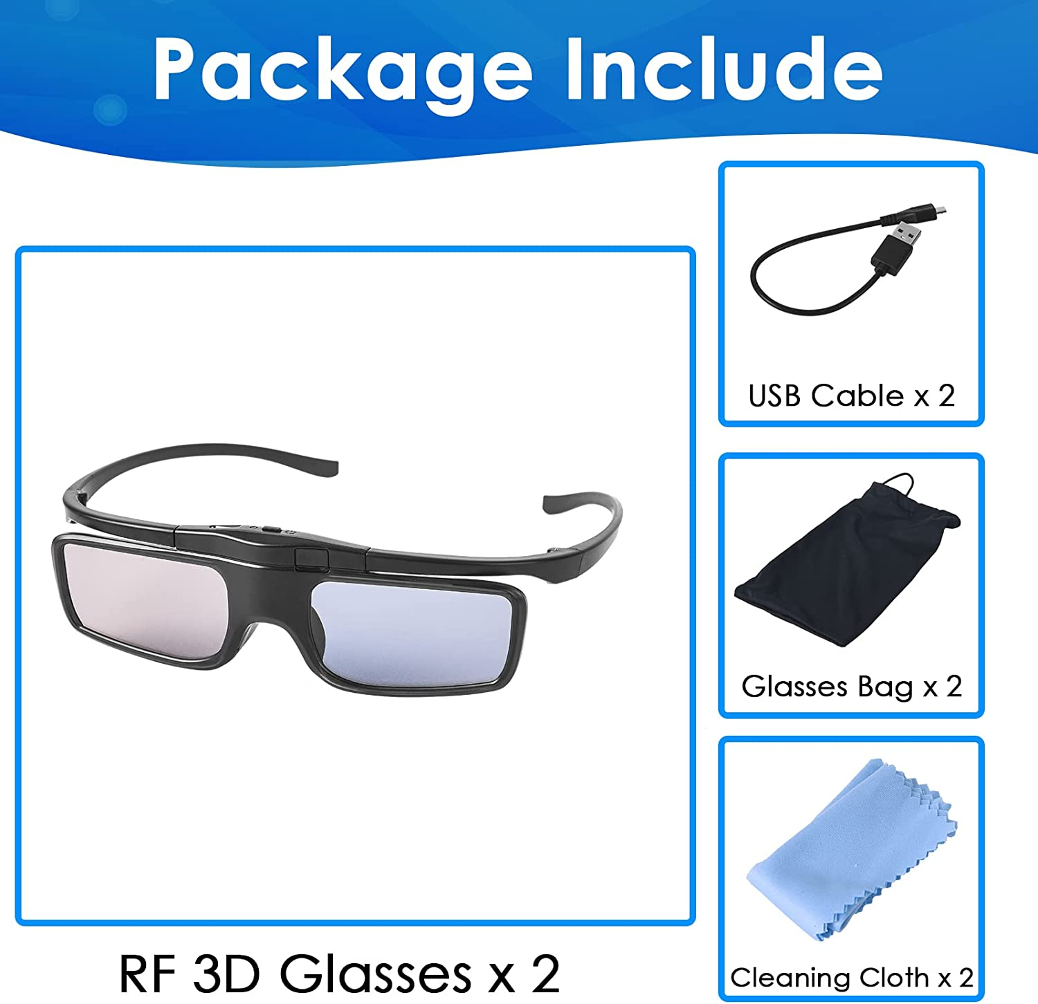 RF 3D Glasses, Active Shutter RF 3D Glasses Rechargeable Suitable for RF 3D TV & Projectors, RF 3D Eyewear for Sony Epson Samsung JVC Sharp, Compatible with TDG-BT500A, SSG-5100GB, AN3DG40, Pack of 2 image number 6