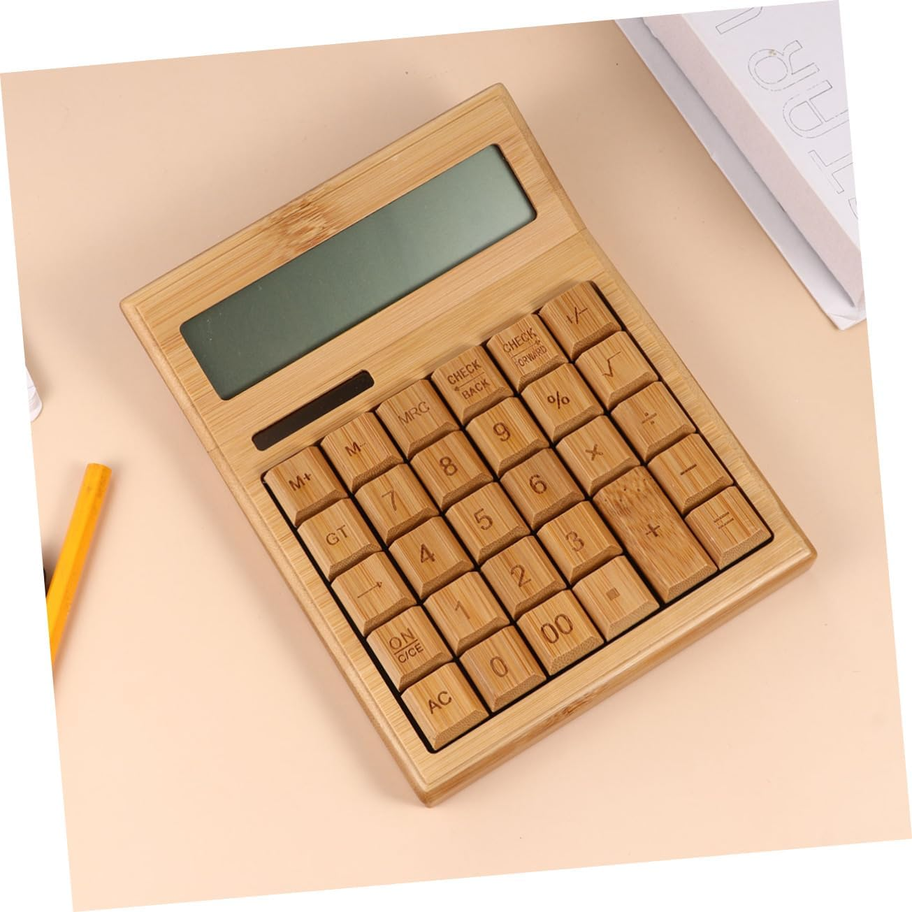 Key Bamboo Solar Calculator for Office Portable Electronic Calculator Buttons for Desk Use and Basic Calculations - Brown image number 4