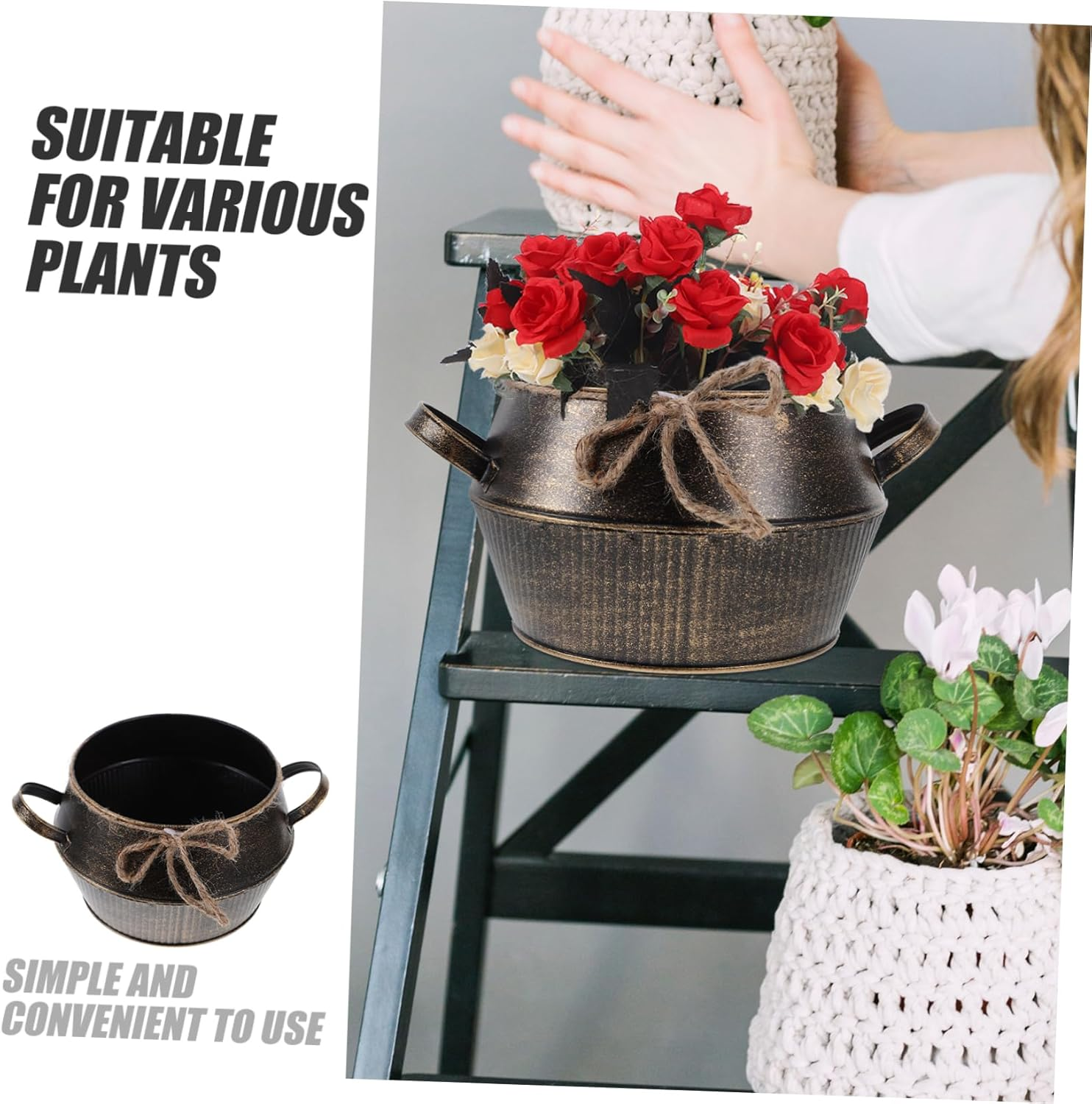 Vintage Iron Planter Creative Flower Pot Decorative Plant Pots with Handles for Home image number 4