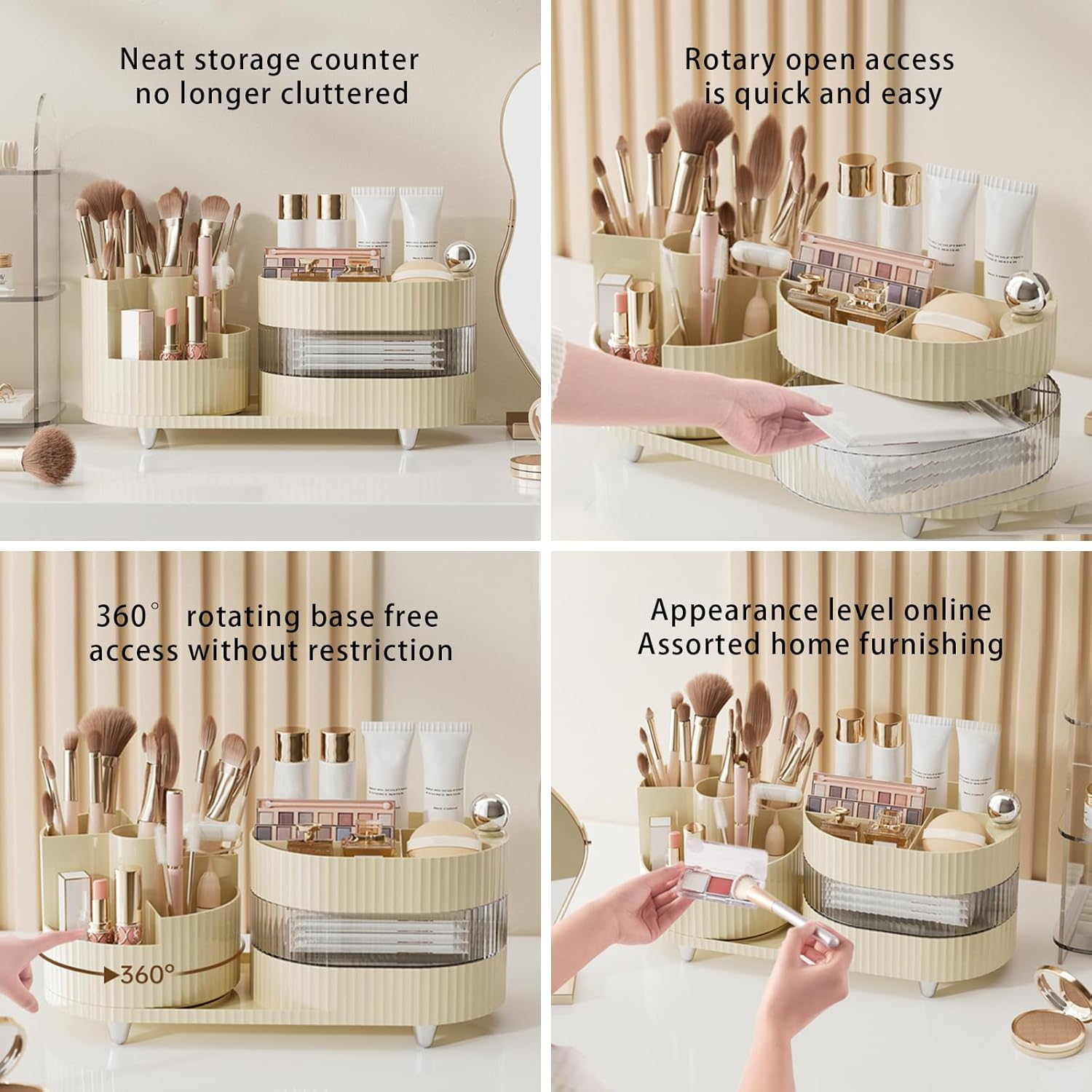 DASITON Makeup Organizer Countertop,360&deg; Rotating Makeup Brush Holder Organizer,Large Capacity Cosmetic Display Case with Drawers,Makeup Storage Organizer for Vanity,Desktop,Bathroom(Cream 02) image number 5