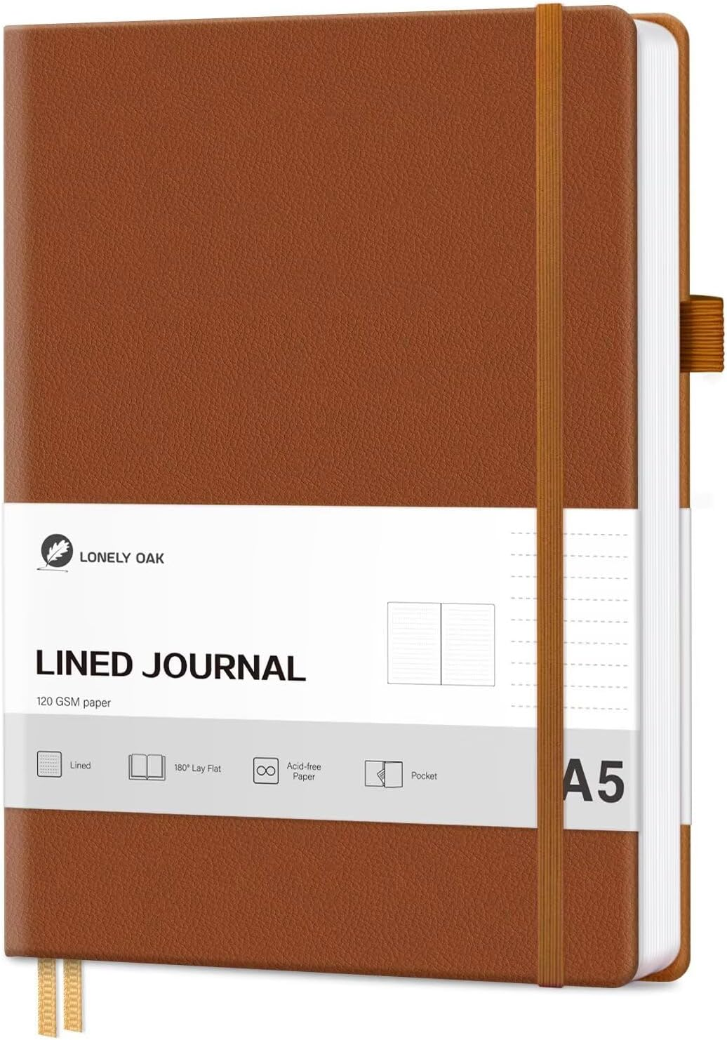Lonely Oak Lined Journal Notebook, A5 Hardcover Lined Notebook for Women & Men, 120GSM Acid-Free Paper with Leather Hardcover and Inner Pocket, Daily Diary Journal for Work(Brown) image number 1