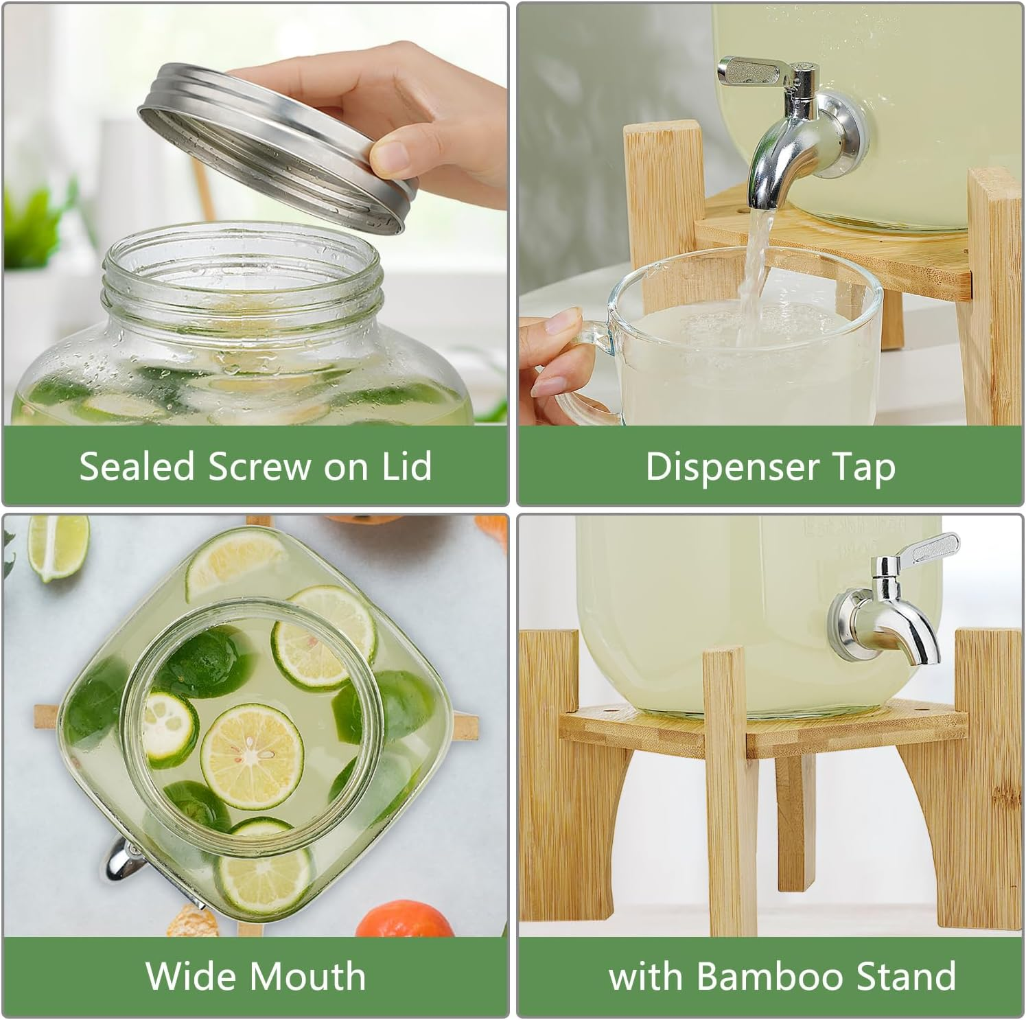 8L Glass Drink Dispenser with Cover Wide Mouth Iced Drink Jar with Tap Iron Holder, for Juice Water Homemade Tea Drinks (8L Glass with Bamboo Stand)
