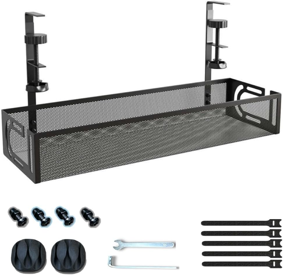 Under Desk Cable Management Tray Black, 15.7" Clamp-On Wire Organiser Box for Sitting or Standing Desk, Office, Home - No Damage, No Drill 40Cm