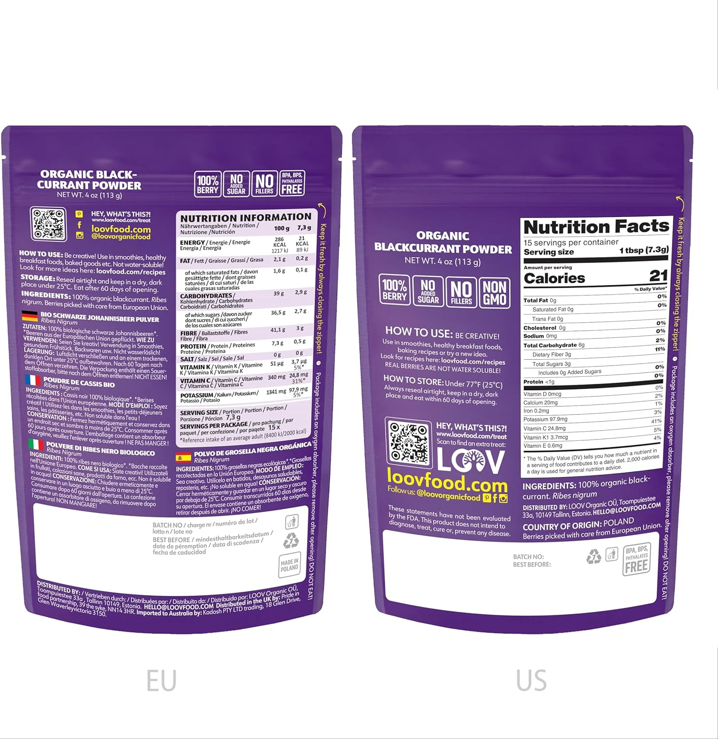 LOOV Organic Blackcurrant Powder, Made from 100% Whole Blackcurrants, Freeze Dried and Powdered Organic Blackcurrants, 113 Grams, 14-Day Supply, Grown in Northern Europe, No Added Sugar image number 1