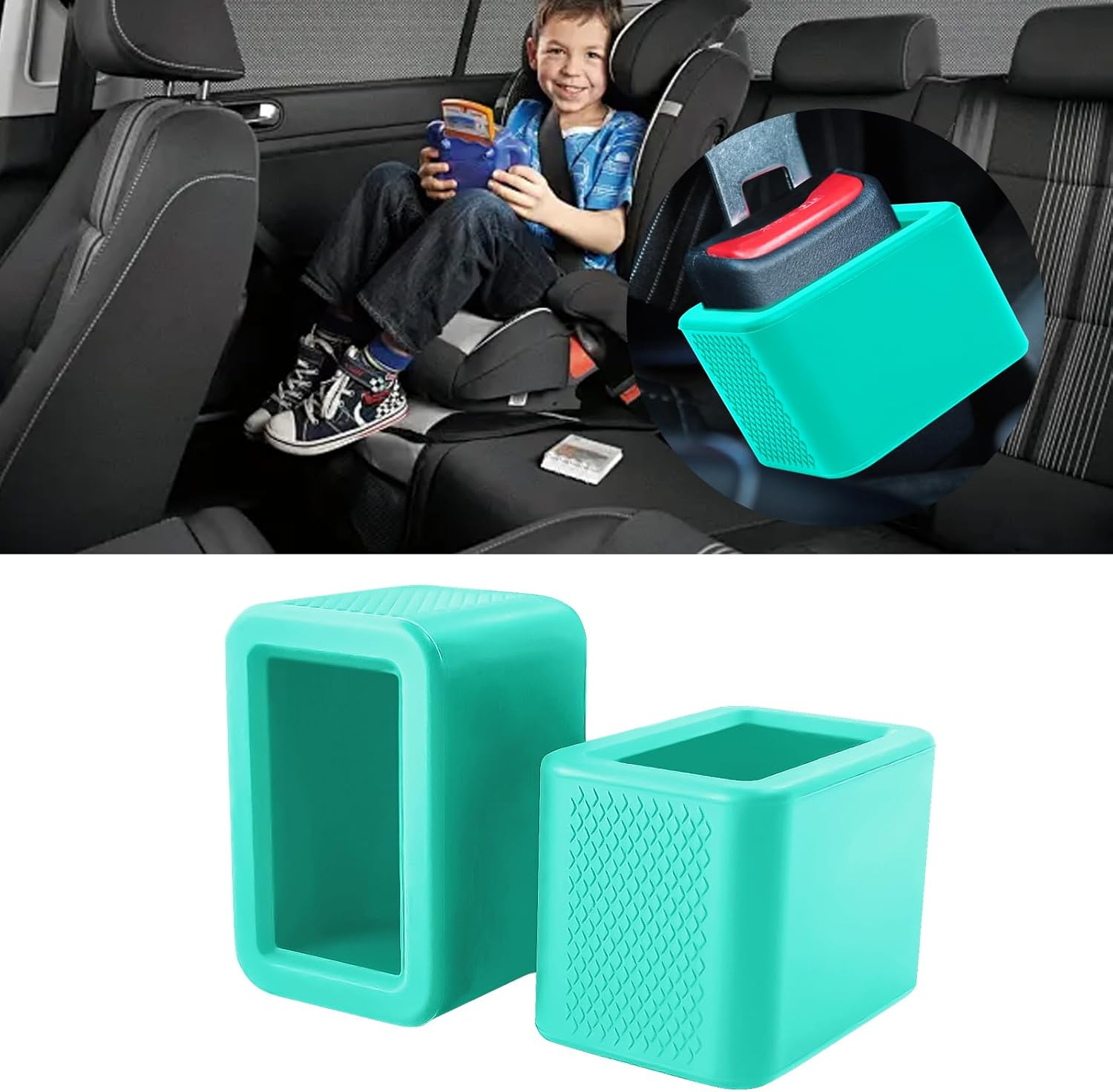 2 Pack Silicone Seat Belt Buckle Holder, Seat Belt Buckle Booster for Kids, Durable Silicone Material, Easy Access to the Buckles of Rear Seats, Car Accessories, Suitable for Most Car Models (Blue)