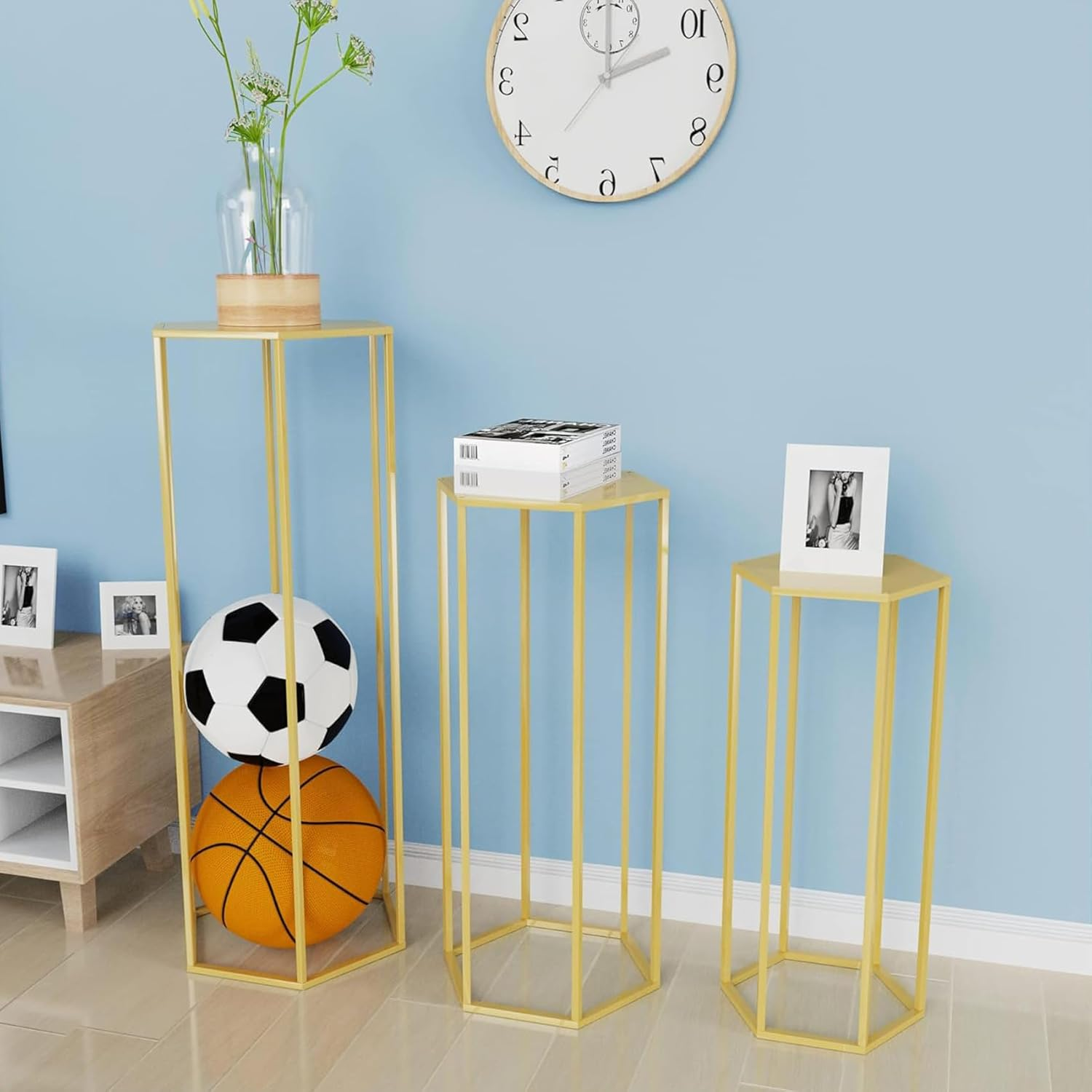 Hexagon Pedestal Stand for Party, round Cilindros Para Flower Plant Fiestas, Metal Display Cylinder Cake Tables Stands for Parties Wedding Birthday Living Room Patio Decor, Gold Set of 3 image number 1