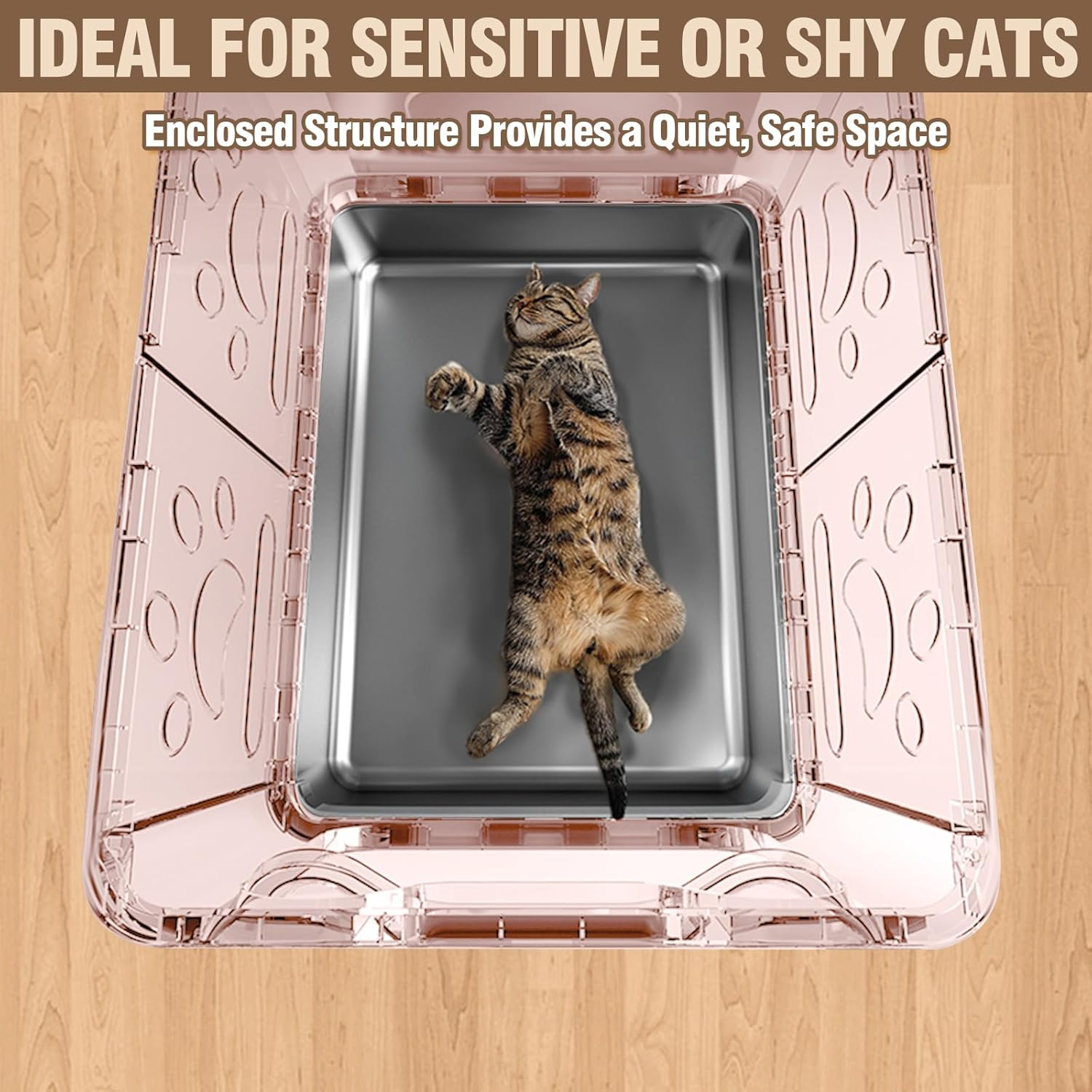 Stainless Steel Enclosed Cat Litter Box with Lid, Foldable Metal Enclosed XL Top Entry Kitty Litter Pan Tray with Scoop,Easy to Clean(Pink) image number 5