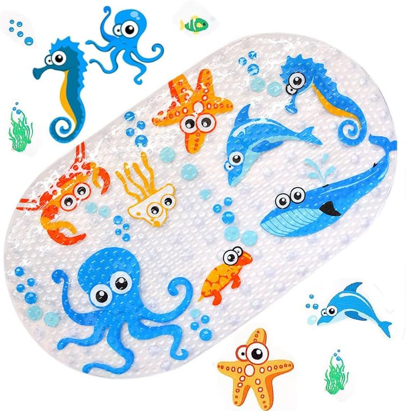 Bath Mats for Tub Kids,Large Cartoon Non-Slip Bathroom Bathtub Kid Mat for Baby Toddler Anti-Slip Shower Mats for Floor 27Inx15In,Machine Washable XL Size Bathroom Mats (Blue) image number 1