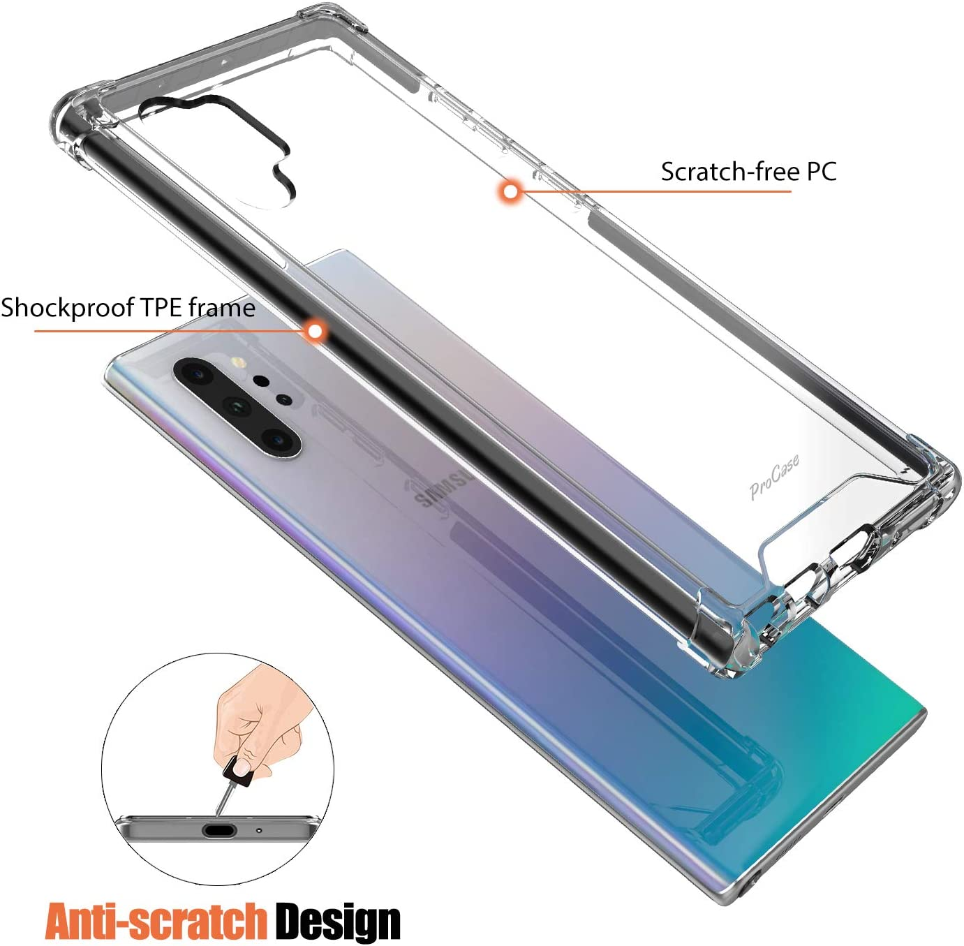 Procase Galaxy Note 10+ Plus/5G Case Clear, Slim Hybrid Crystal Clear TPU Cover with Reinforced Corners, Transparent Anti-Scratch Rugged Protective Case for Galaxy Note 10+ / 10 plus / 5G 2019-Black Frame image number 4