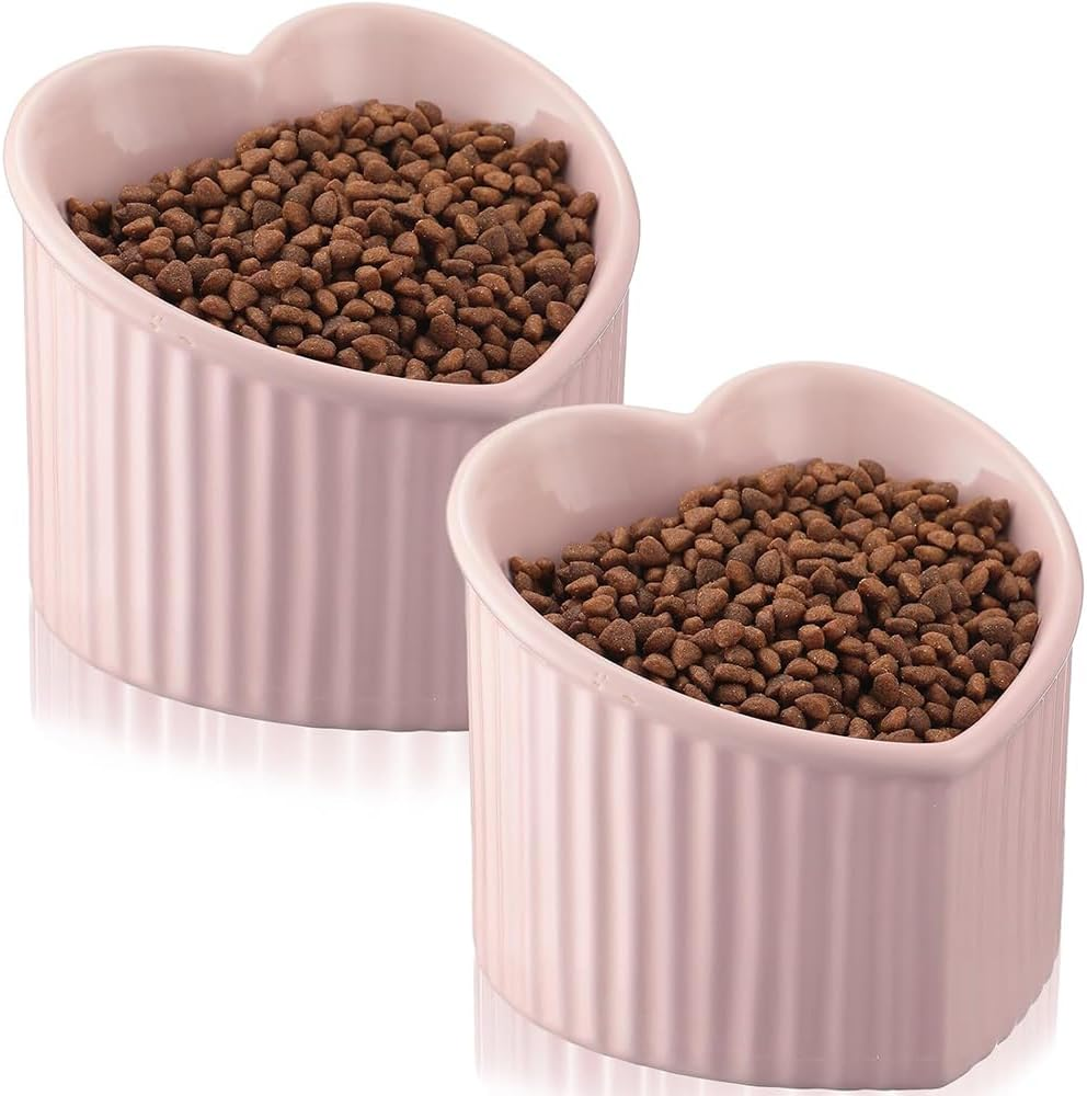 12 CM Raised Tilted Cat Bowls &ndash; 2 Pack Pink Heart-Shaped Ceramic Elevated Feeder Dishes for Small Cats & Kittens, Anti-Vomit Pet Food & Water Bowls, Spine Protection image number 1